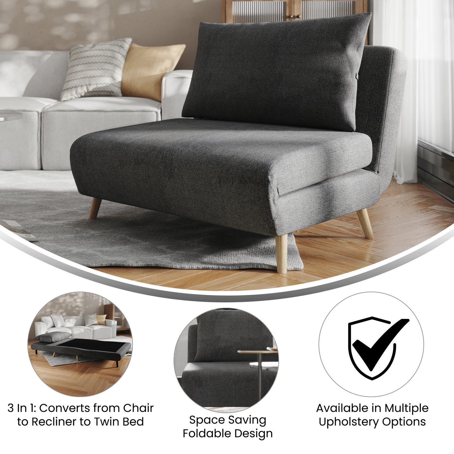 Shaw Convertible Tri-Fold Sleeper Chair with Pillow, Multifunctional Adjustable Sleeper with Channel Stitching and Hideaway Legs in Dark Gray Dark Gray