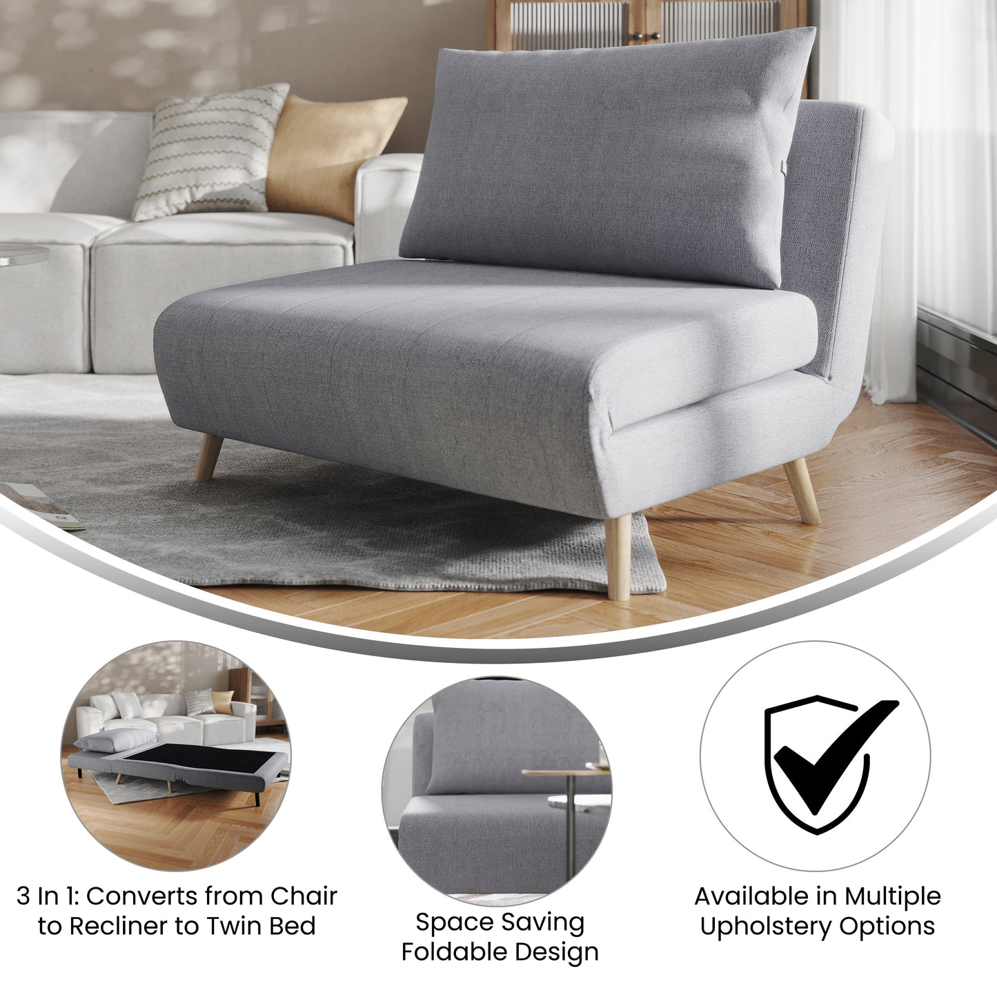 Shaw Convertible Tri-Fold Sleeper Chair with Pillow, Multifunctional Adjustable Sleeper with Channel Stitching and Hideaway Legs in Light Gray Light Gray