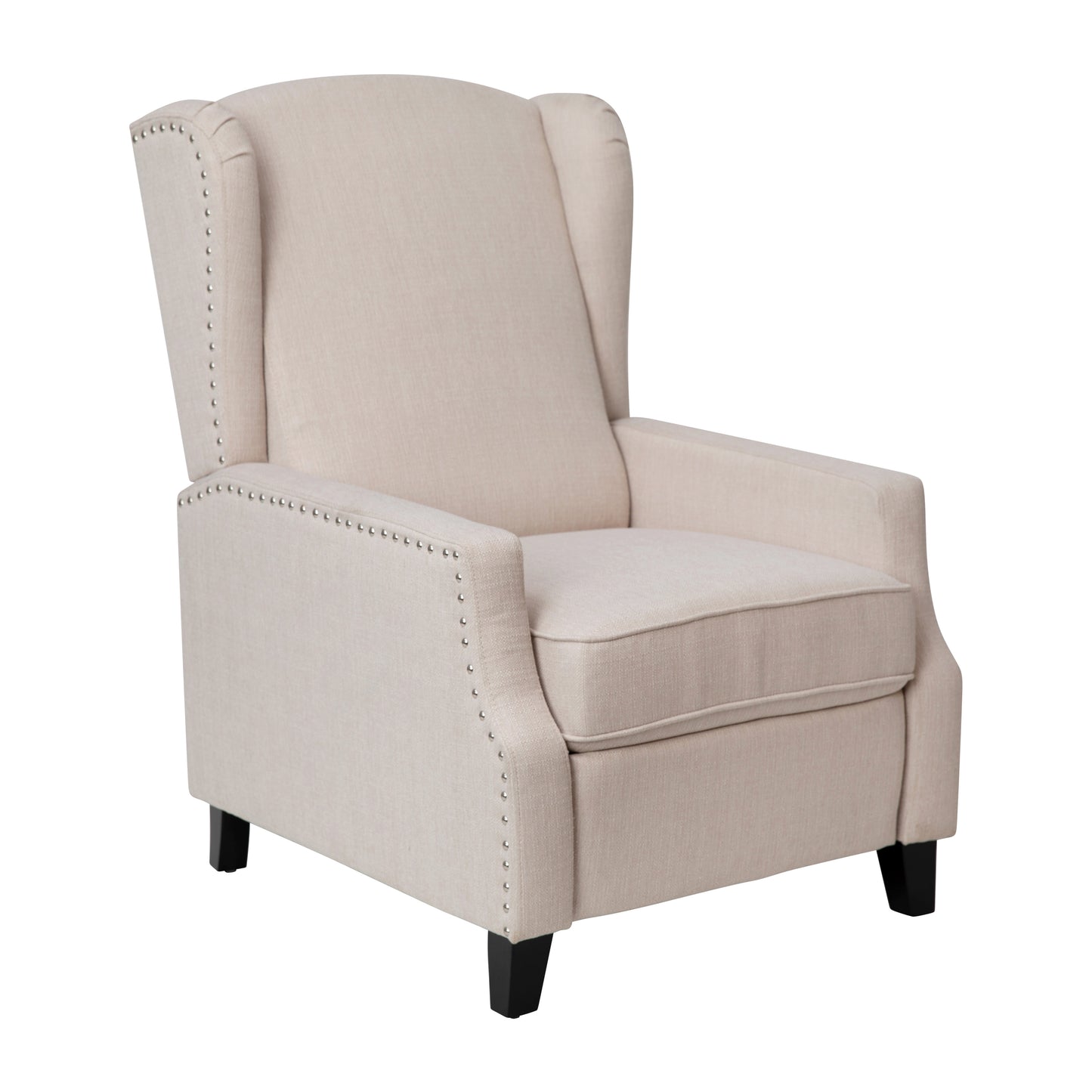 Prescott Traditional Style Slim Push Back Recliner Chair-Wingback Recliner with Cream Fabric Upholstery-Accent Nail Trim Cream