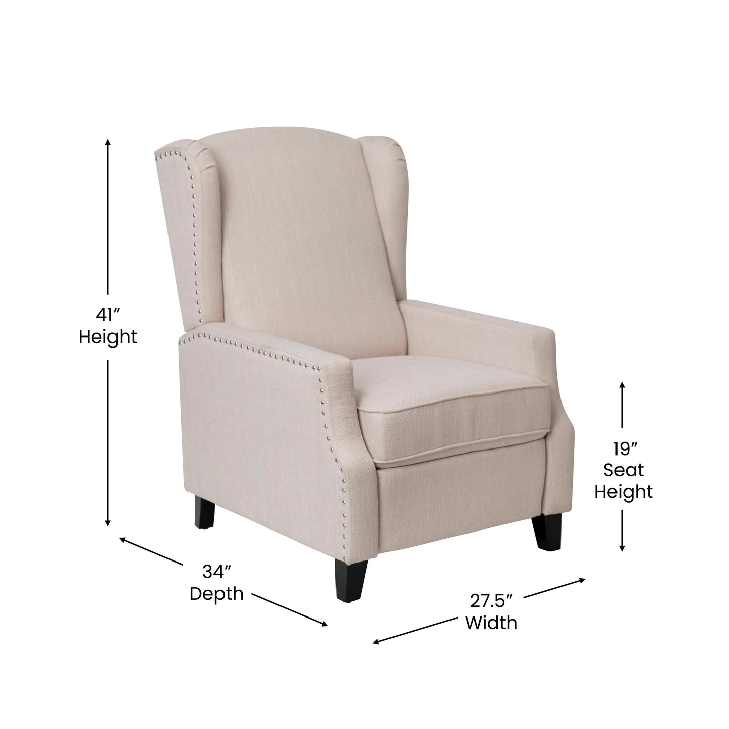 Prescott Traditional Style Slim Push Back Recliner Chair-Wingback Recliner with Cream Fabric Upholstery-Accent Nail Trim Cream