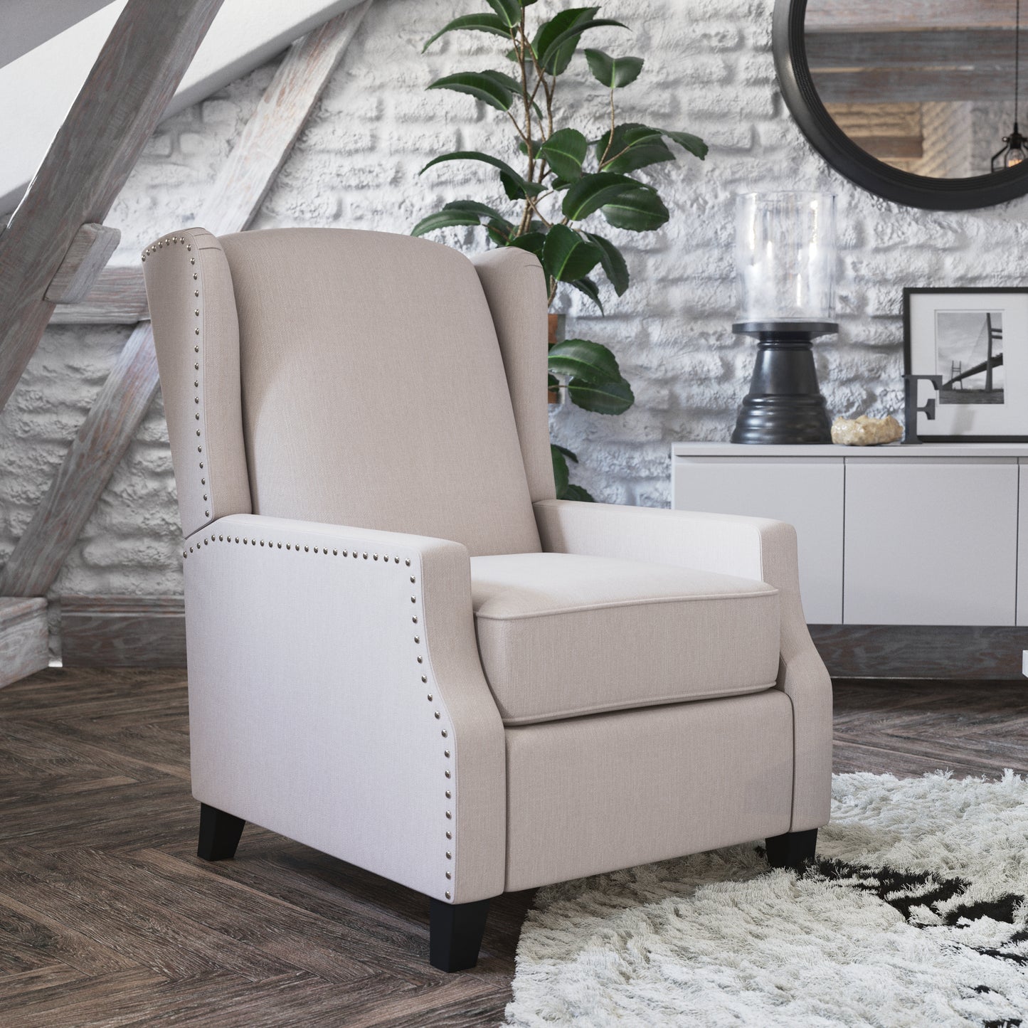 Prescott Traditional Style Slim Push Back Recliner Chair-Wingback Recliner with Cream Fabric Upholstery-Accent Nail Trim Cream