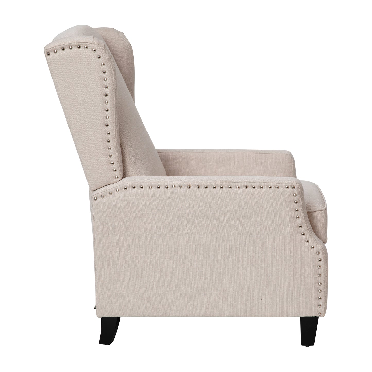 Prescott Traditional Style Slim Push Back Recliner Chair-Wingback Recliner with Cream Fabric Upholstery-Accent Nail Trim Cream