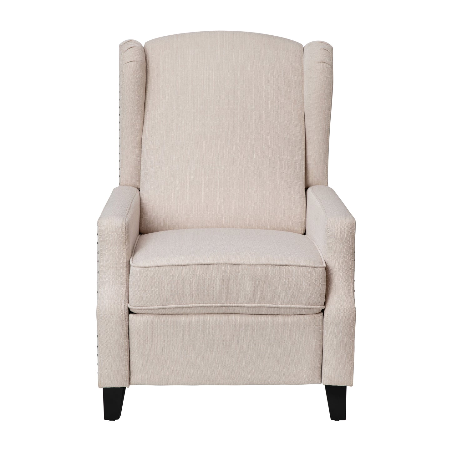 Prescott Traditional Style Slim Push Back Recliner Chair-Wingback Recliner with Cream Fabric Upholstery-Accent Nail Trim Cream