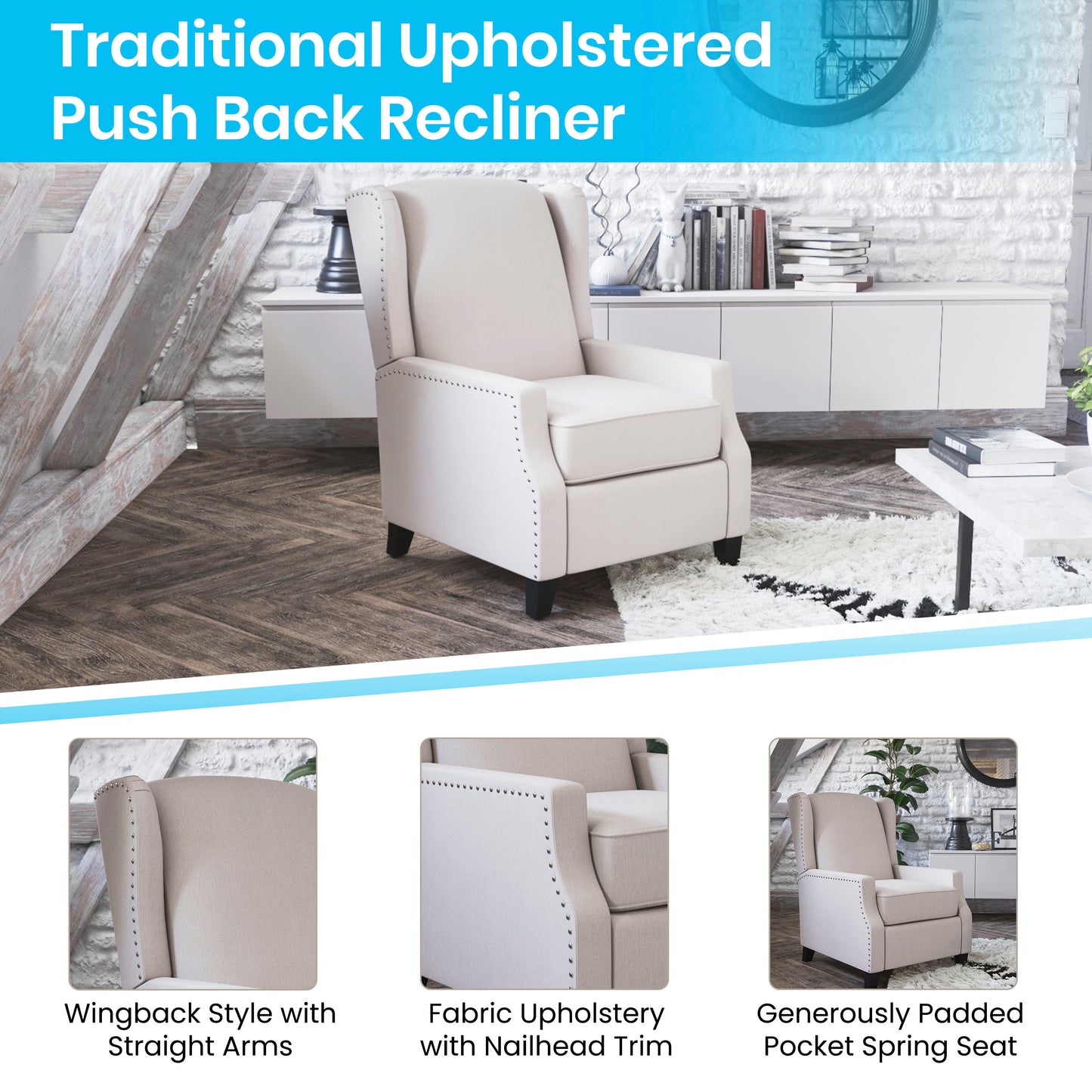 Prescott Traditional Style Slim Push Back Recliner Chair-Wingback Recliner with Cream Fabric Upholstery-Accent Nail Trim Cream