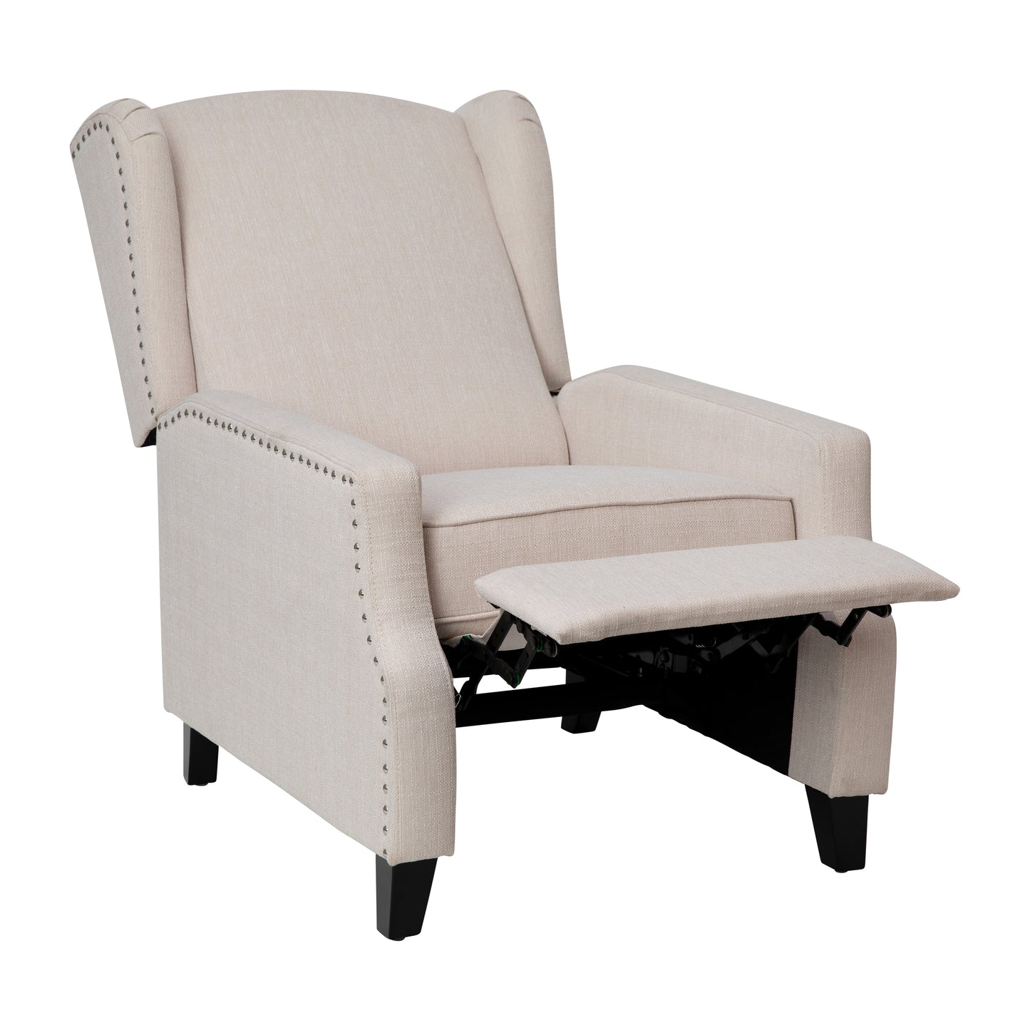 Prescott Traditional Style Slim Push Back Recliner Chair-Wingback Recliner with Cream Fabric Upholstery-Accent Nail Trim Cream