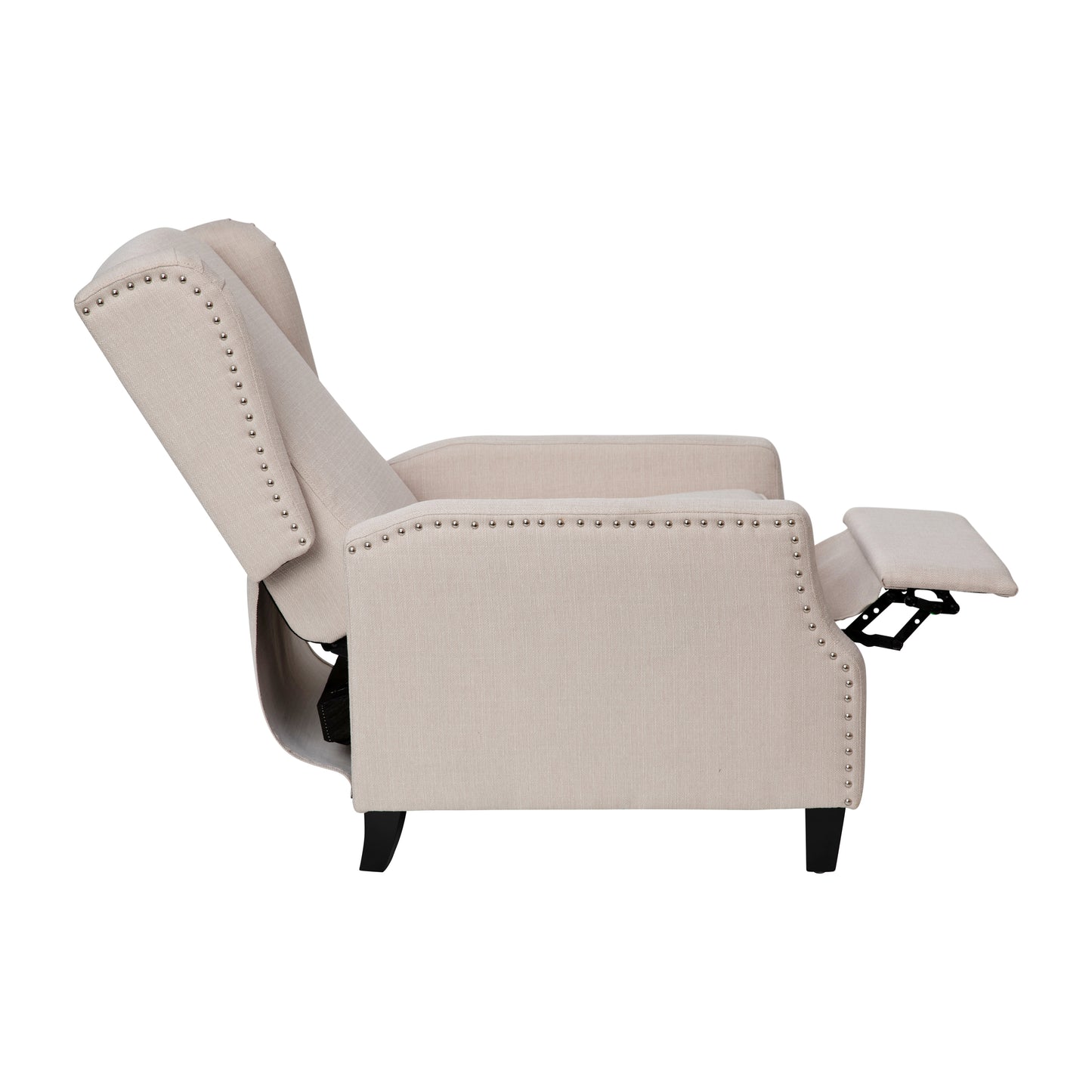 Prescott Traditional Style Slim Push Back Recliner Chair-Wingback Recliner with Cream Fabric Upholstery-Accent Nail Trim Cream