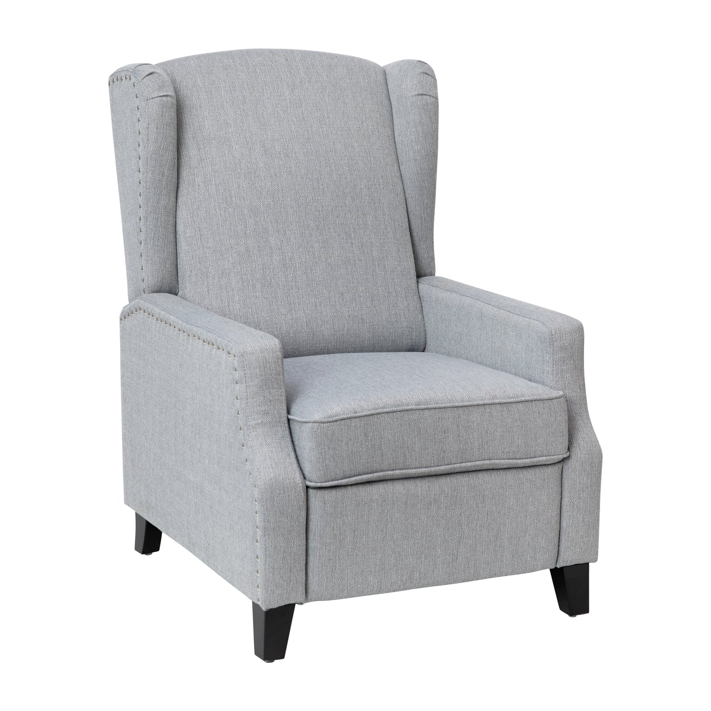 Prescott Traditional Style Slim Push Back Recliner Chair-Wingback Recliner with Gray Polyester Fabric Upholstery-Accent Nail Trim Gray