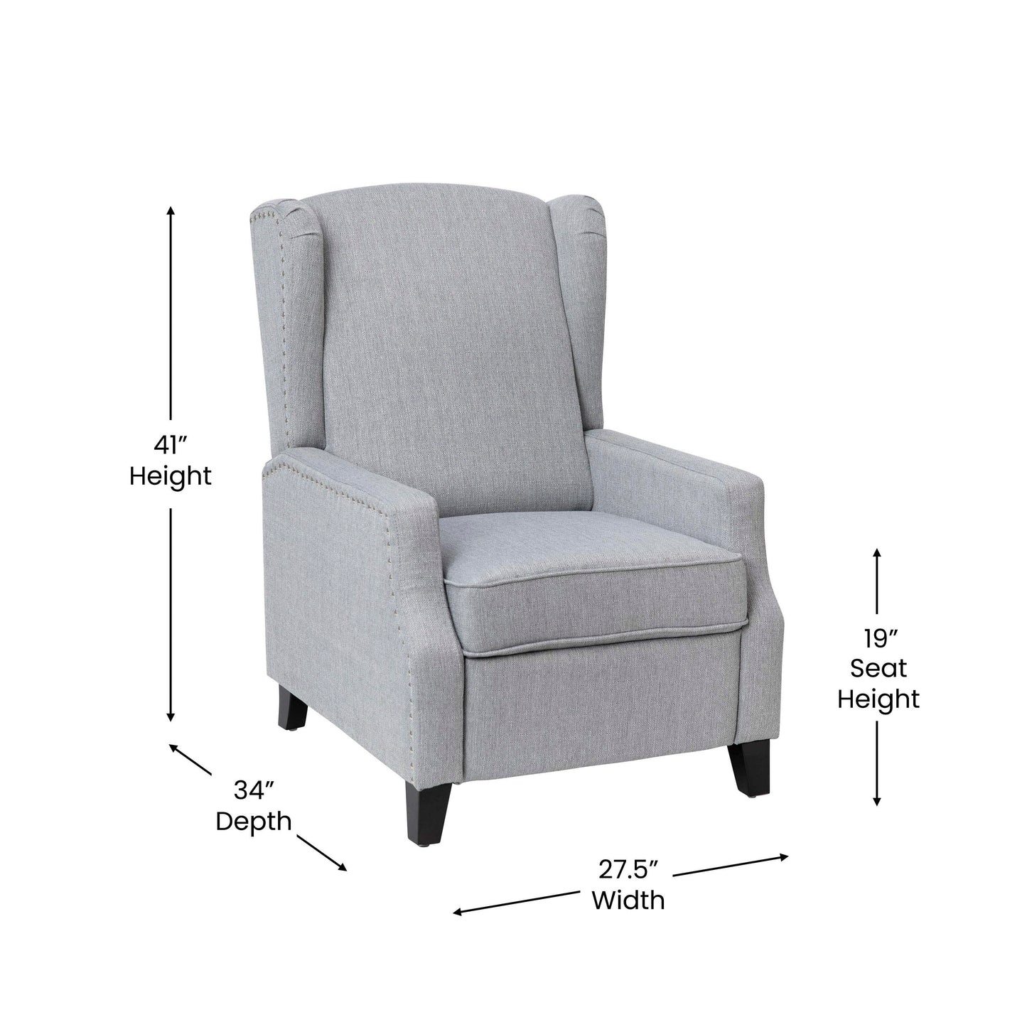 Prescott Traditional Style Slim Push Back Recliner Chair-Wingback Recliner with Gray Polyester Fabric Upholstery-Accent Nail Trim Gray