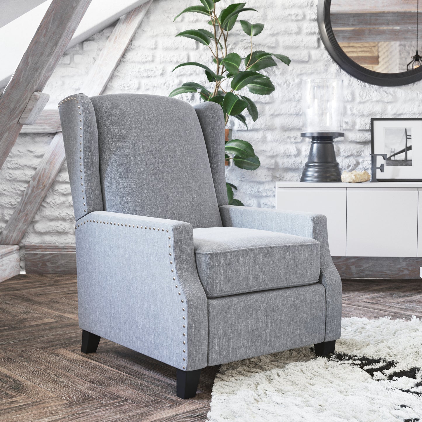 Prescott Traditional Style Slim Push Back Recliner Chair-Wingback Recliner with Gray Polyester Fabric Upholstery-Accent Nail Trim Gray