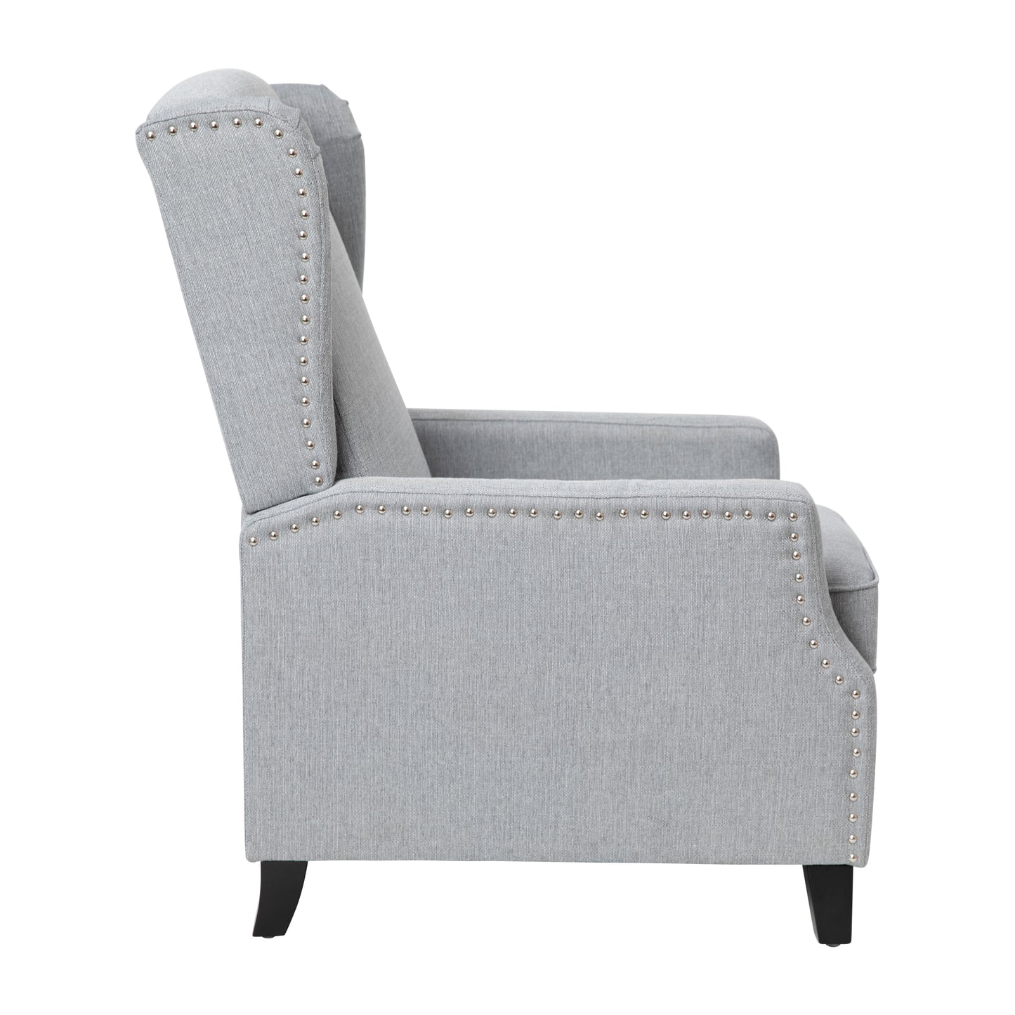 Prescott Traditional Style Slim Push Back Recliner Chair-Wingback Recliner with Gray Polyester Fabric Upholstery-Accent Nail Trim Gray