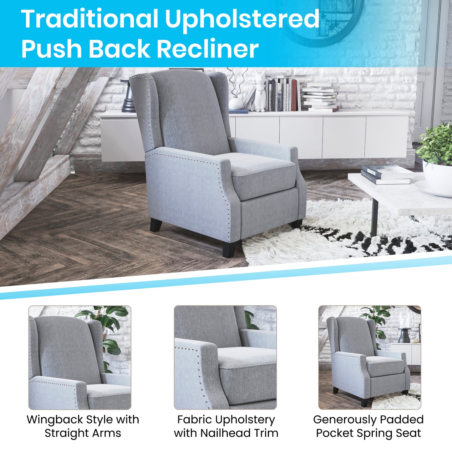 Prescott Traditional Style Slim Push Back Recliner Chair-Wingback Recliner with Gray Polyester Fabric Upholstery-Accent Nail Trim Gray