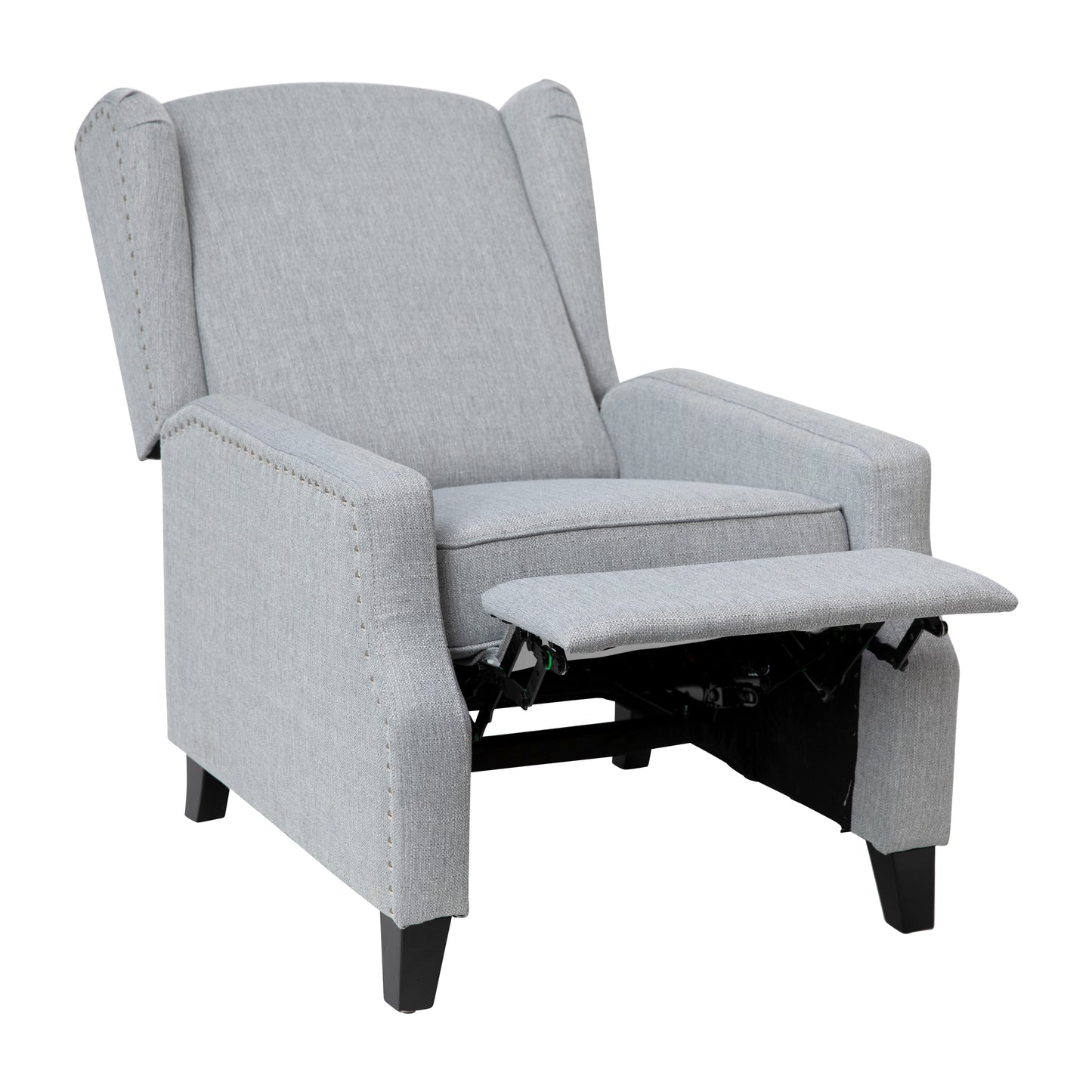 Prescott Traditional Style Slim Push Back Recliner Chair-Wingback Recliner with Gray Polyester Fabric Upholstery-Accent Nail Trim Gray