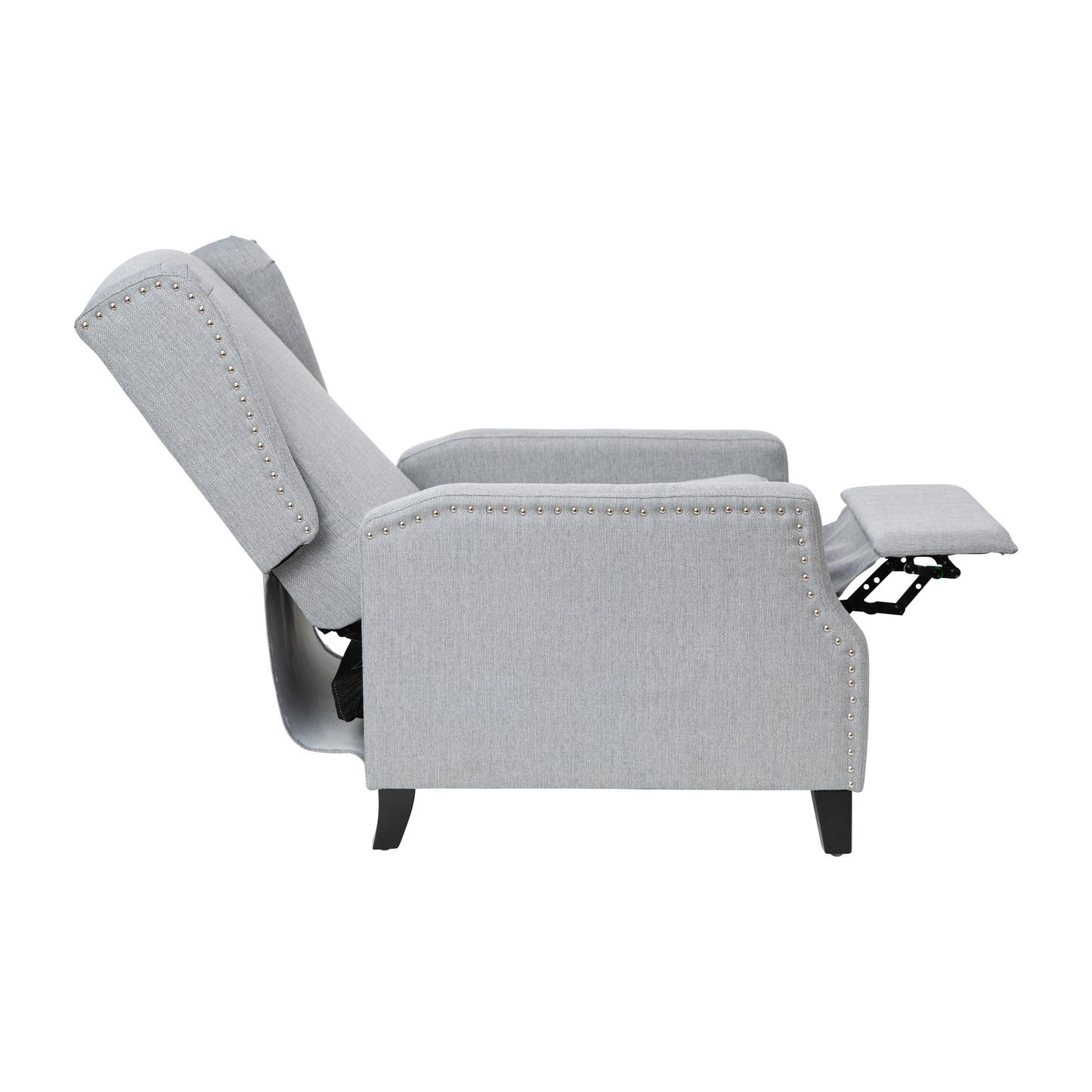 Prescott Traditional Style Slim Push Back Recliner Chair-Wingback Recliner with Gray Polyester Fabric Upholstery-Accent Nail Trim Gray