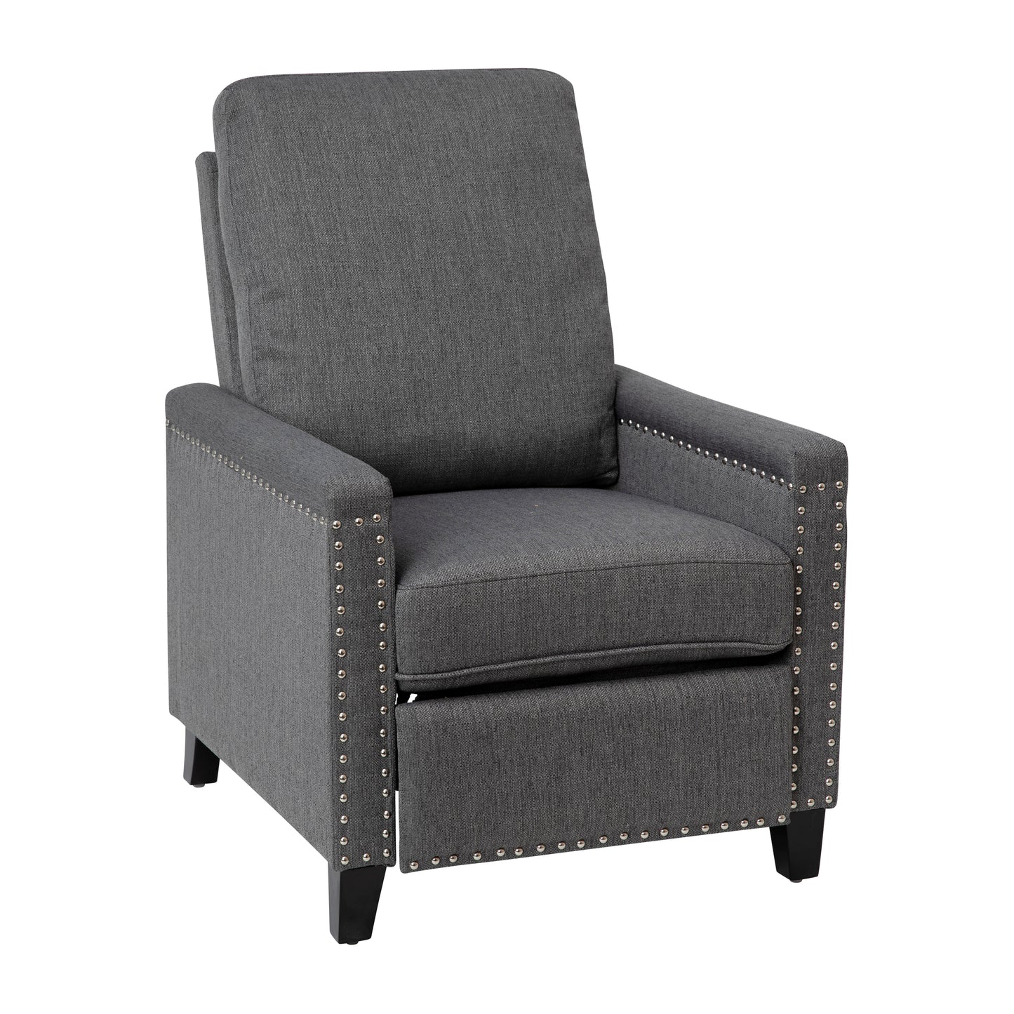 Carson Transitional Style Push Back Recliner Chair - Pillow Back Recliner - Gray Fabric Upholstery - Accent Nail Trim Gray