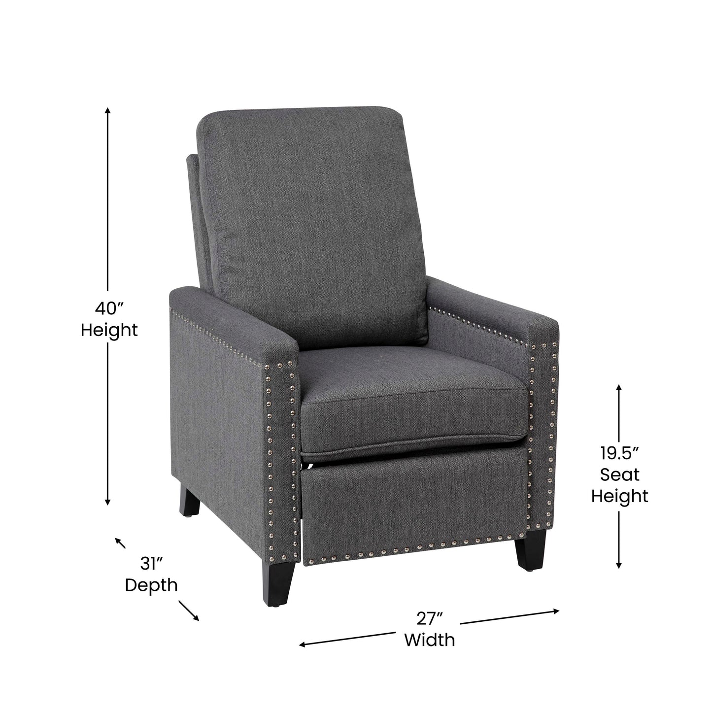 Carson Transitional Style Push Back Recliner Chair - Pillow Back Recliner - Gray Fabric Upholstery - Accent Nail Trim Gray