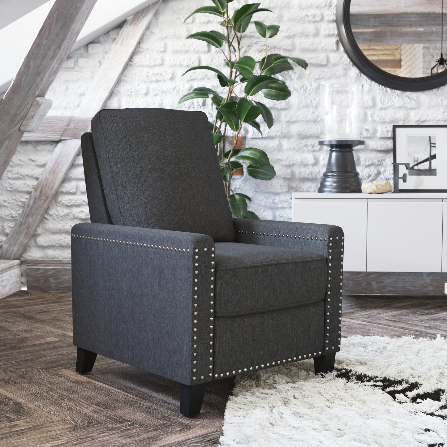 Carson Transitional Style Push Back Recliner Chair - Pillow Back Recliner - Gray Fabric Upholstery - Accent Nail Trim Gray