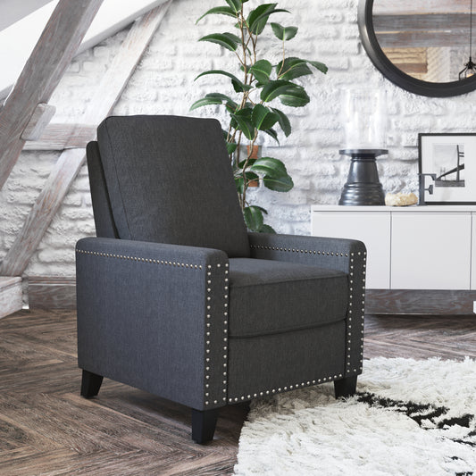 Carson Transitional Style Push Back Recliner Chair - Pillow Back Recliner - Gray Fabric Upholstery - Accent Nail Trim Gray