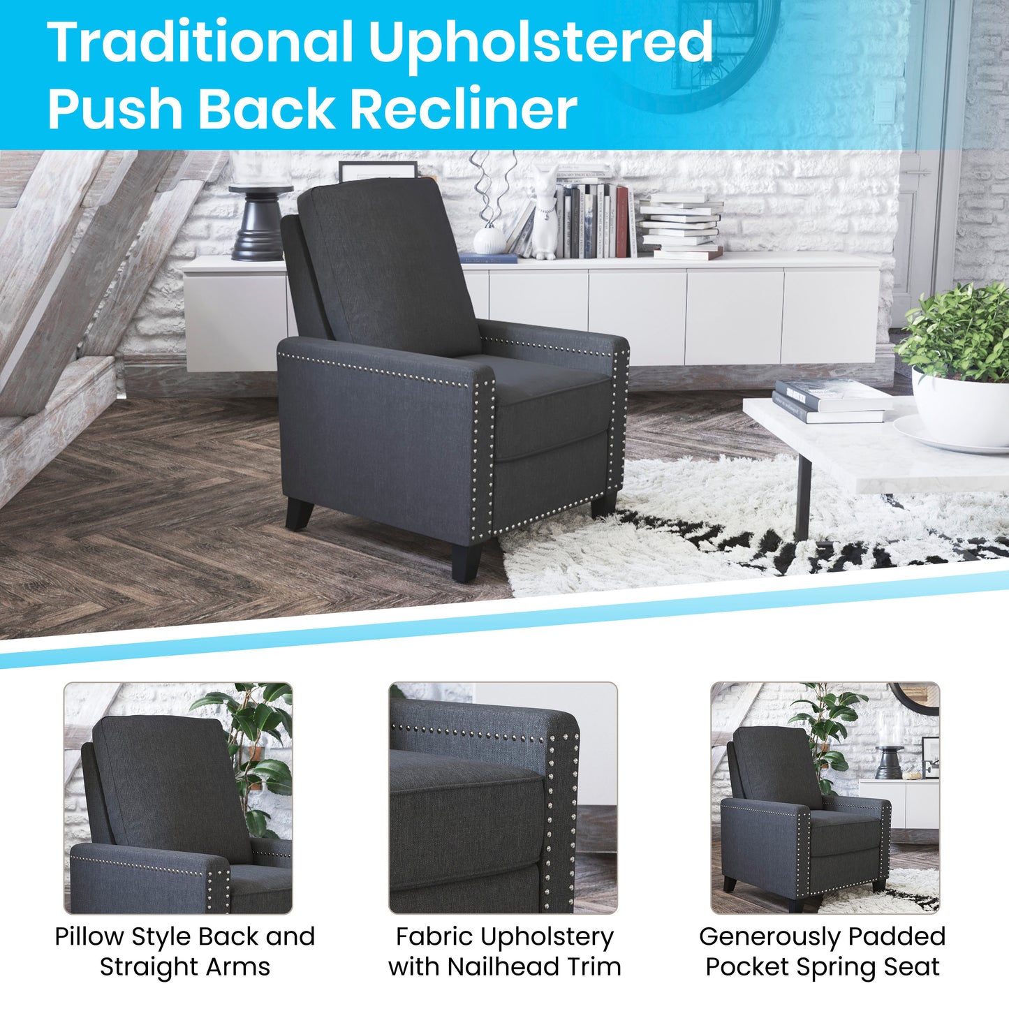 Carson Transitional Style Push Back Recliner Chair - Pillow Back Recliner - Gray Fabric Upholstery - Accent Nail Trim Gray