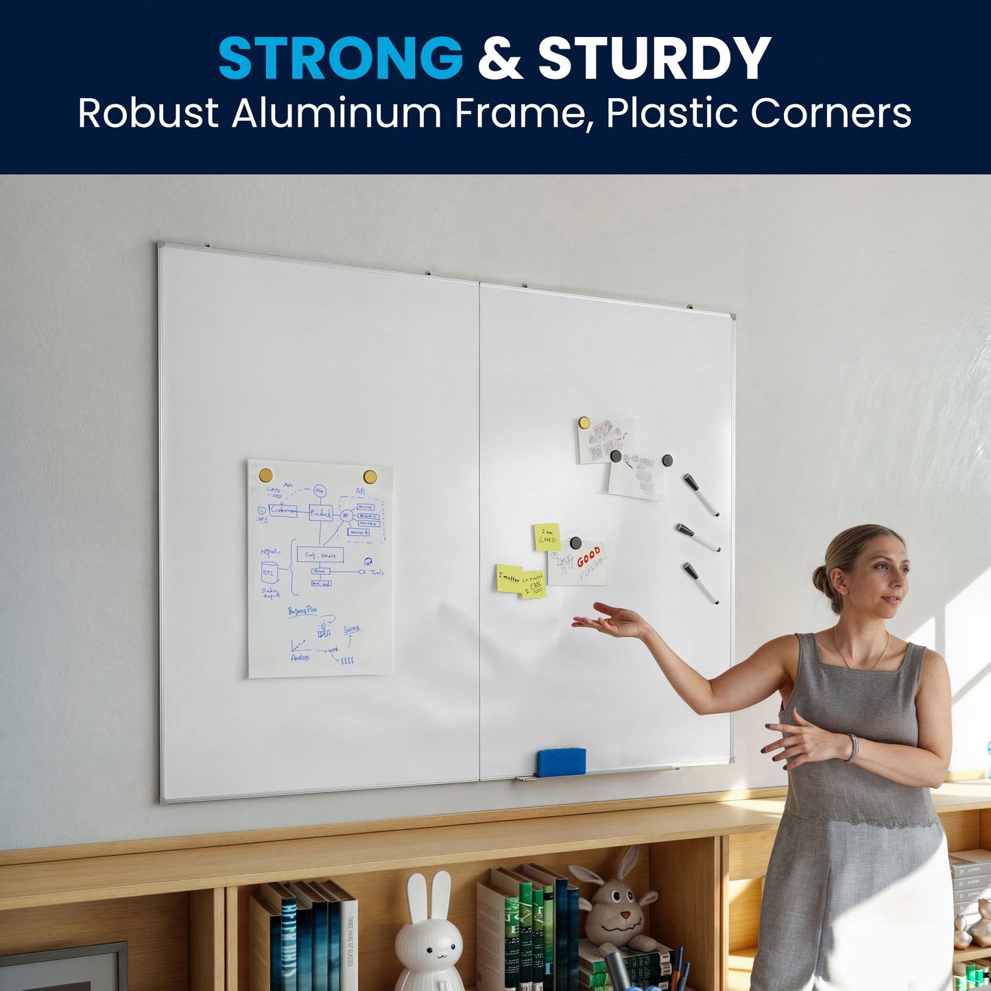 HERCULES Commercial 60" x 48" Whiteboard, Aluminum Magnetic Dry Erase Board with Wall Mount, Marker Tray, Eraser, 3 Markers, 6 Magnets White