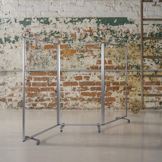 Raisley Transparent Acrylic Mobile Partition with Lockable Casters, 72"H x 36"L (3 Sections Included) Clear