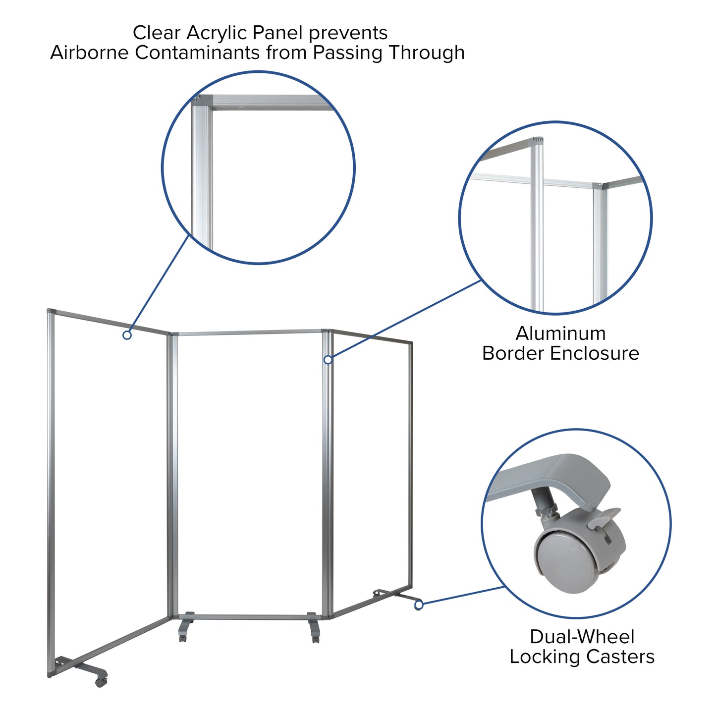 Raisley Transparent Acrylic Mobile Partition with Lockable Casters, 72"H x 36"L (3 Sections Included) Clear