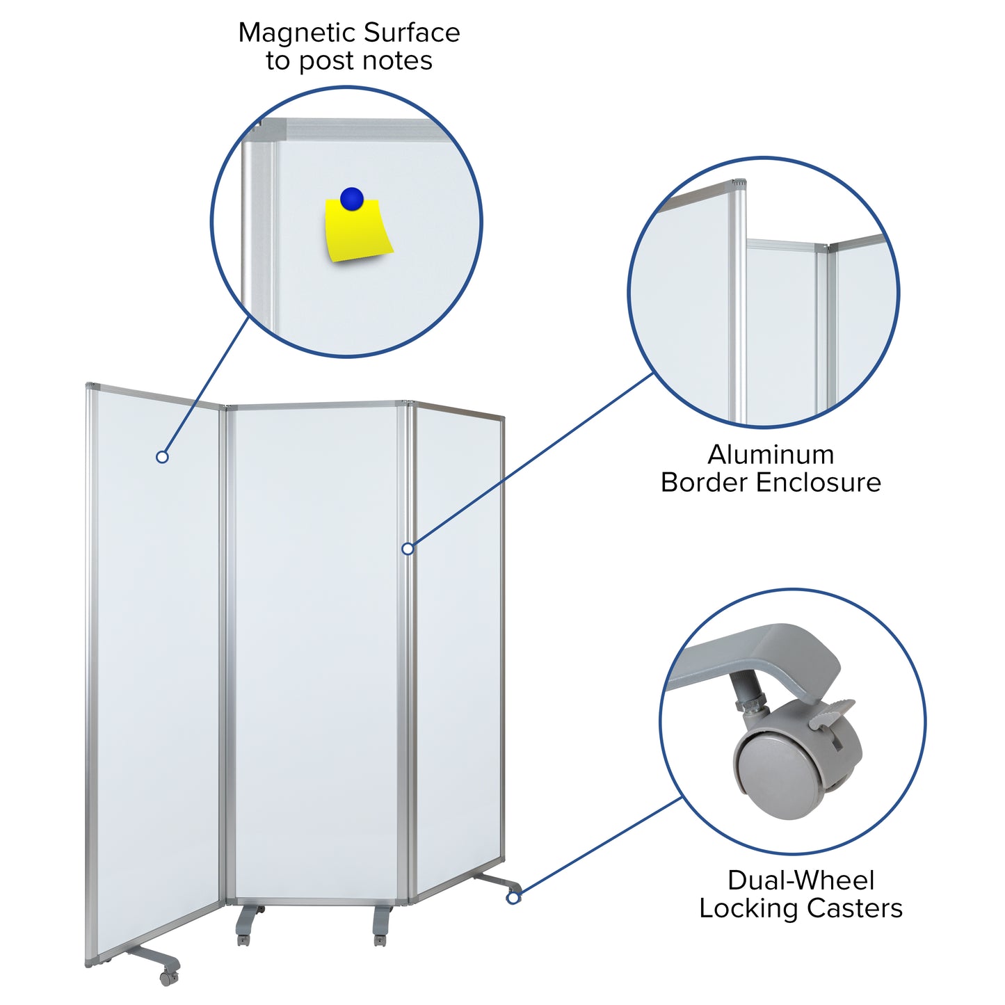 Raisley Mobile Magnetic Whiteboard Partition with Lockable Casters, 72"H x 24"W (3 sections included) White