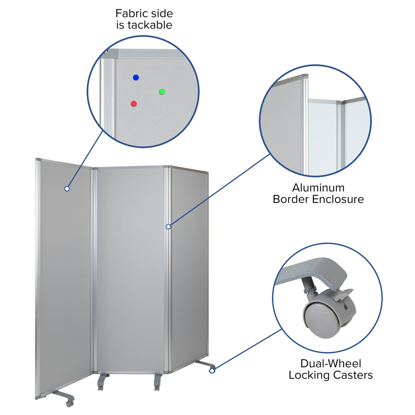 Raisley Double Sided Mobile Magnetic Whiteboard/Cloth Partition with Lockable Casters, 72"H x 24"W (3 sections included) White/Gray