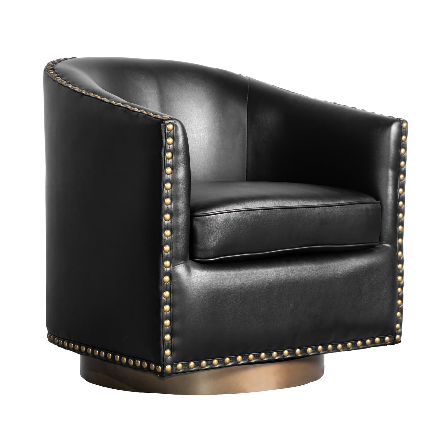 Myles Club Style Commercial Barrel Accent Armchair with 360° Swivel Metal Base and Black Leathersoft Upholstery with Brass Decorative Nail Head Trim Black