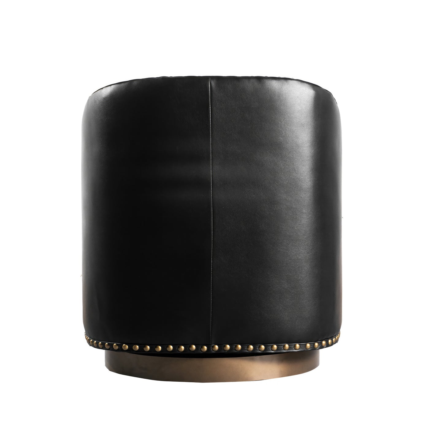 Myles Club Style Commercial Barrel Accent Armchair with 360° Swivel Metal Base and Black Leathersoft Upholstery with Brass Decorative Nail Head Trim Black