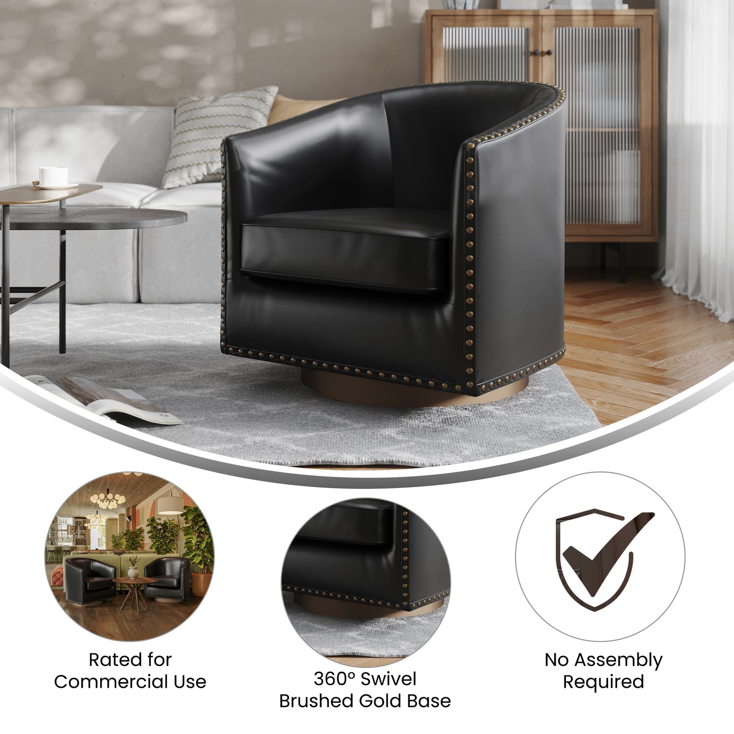 Myles Club Style Commercial Barrel Accent Armchair with 360° Swivel Metal Base and Black Leathersoft Upholstery with Brass Decorative Nail Head Trim Black
