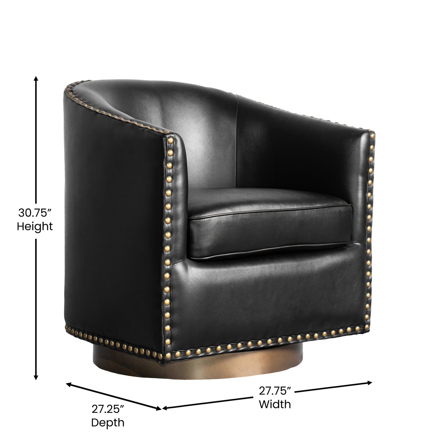 Myles Club Style Commercial Barrel Accent Armchair with 360° Swivel Metal Base and Black Leathersoft Upholstery with Brass Decorative Nail Head Trim Black
