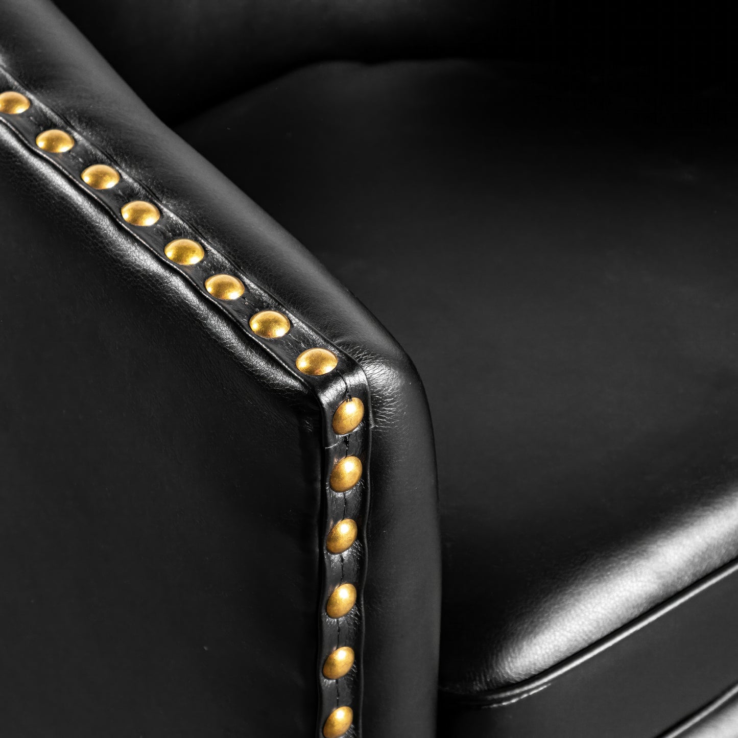 Myles Club Style Commercial Barrel Accent Armchair with 360° Swivel Metal Base and Black Leathersoft Upholstery with Brass Decorative Nail Head Trim Black