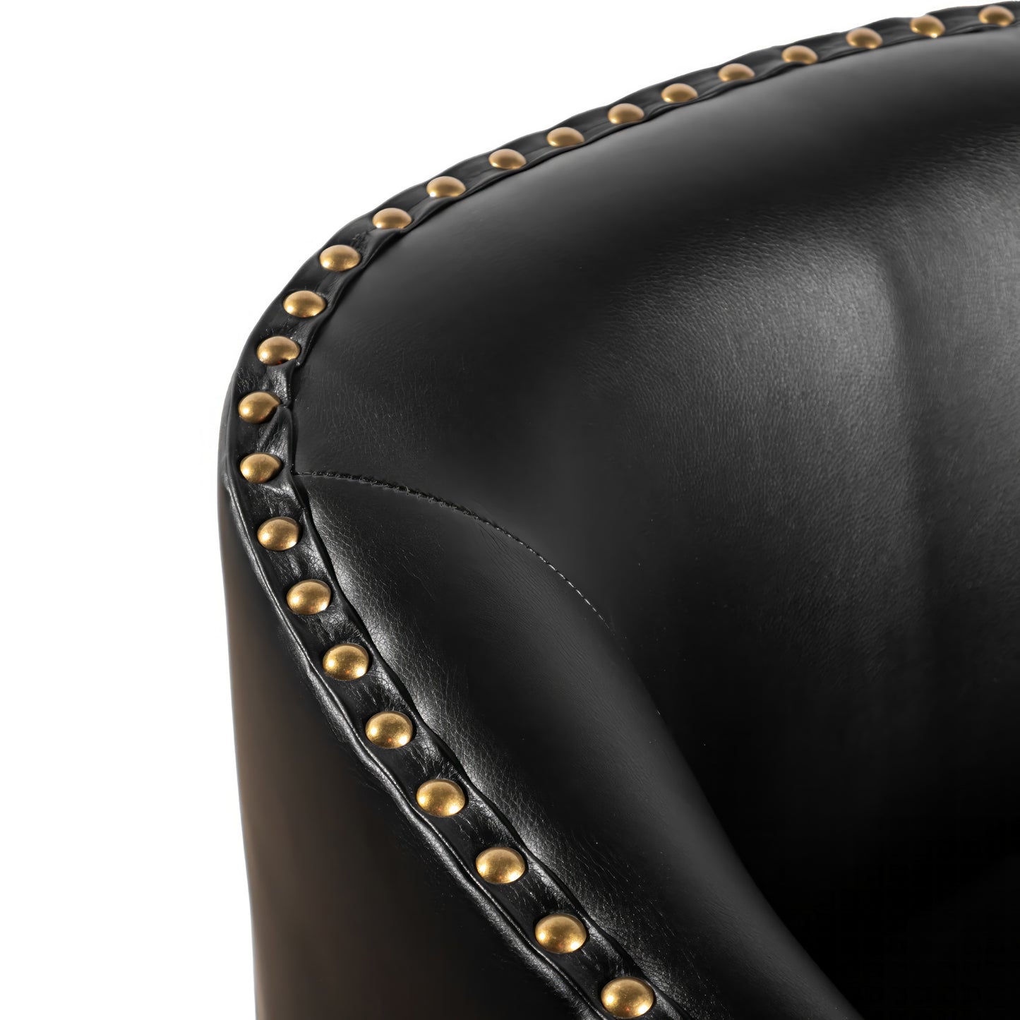 Myles Club Style Commercial Barrel Accent Armchair with 360° Swivel Metal Base and Black Leathersoft Upholstery with Brass Decorative Nail Head Trim Black