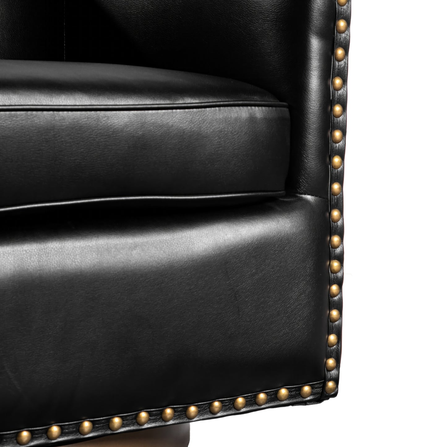 Myles Club Style Commercial Barrel Accent Armchair with 360° Swivel Metal Base and Black Leathersoft Upholstery with Brass Decorative Nail Head Trim Black