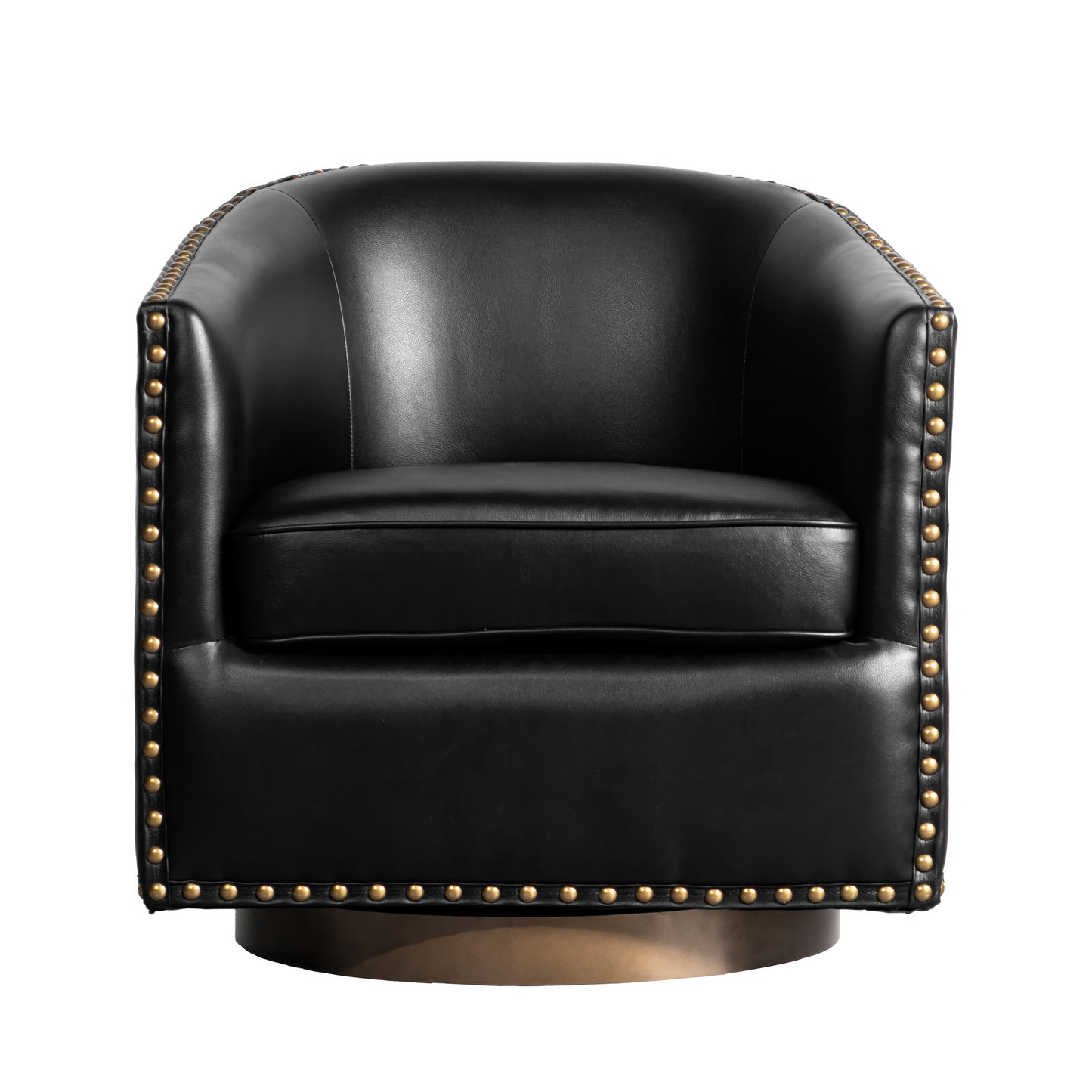 Myles Club Style Commercial Barrel Accent Armchair with 360° Swivel Metal Base and Black Leathersoft Upholstery with Brass Decorative Nail Head Trim Black