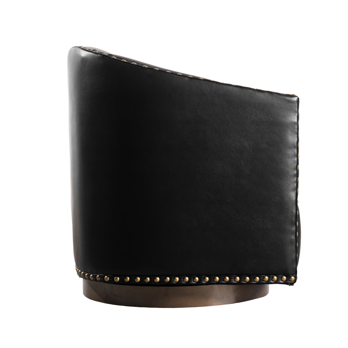 Myles Club Style Commercial Barrel Accent Armchair with 360° Swivel Metal Base and Black Leathersoft Upholstery with Brass Decorative Nail Head Trim Black