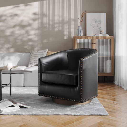 Myles Club Style Commercial Barrel Accent Armchair with 360° Swivel Metal Base and Black Leathersoft Upholstery with Brass Decorative Nail Head Trim Black