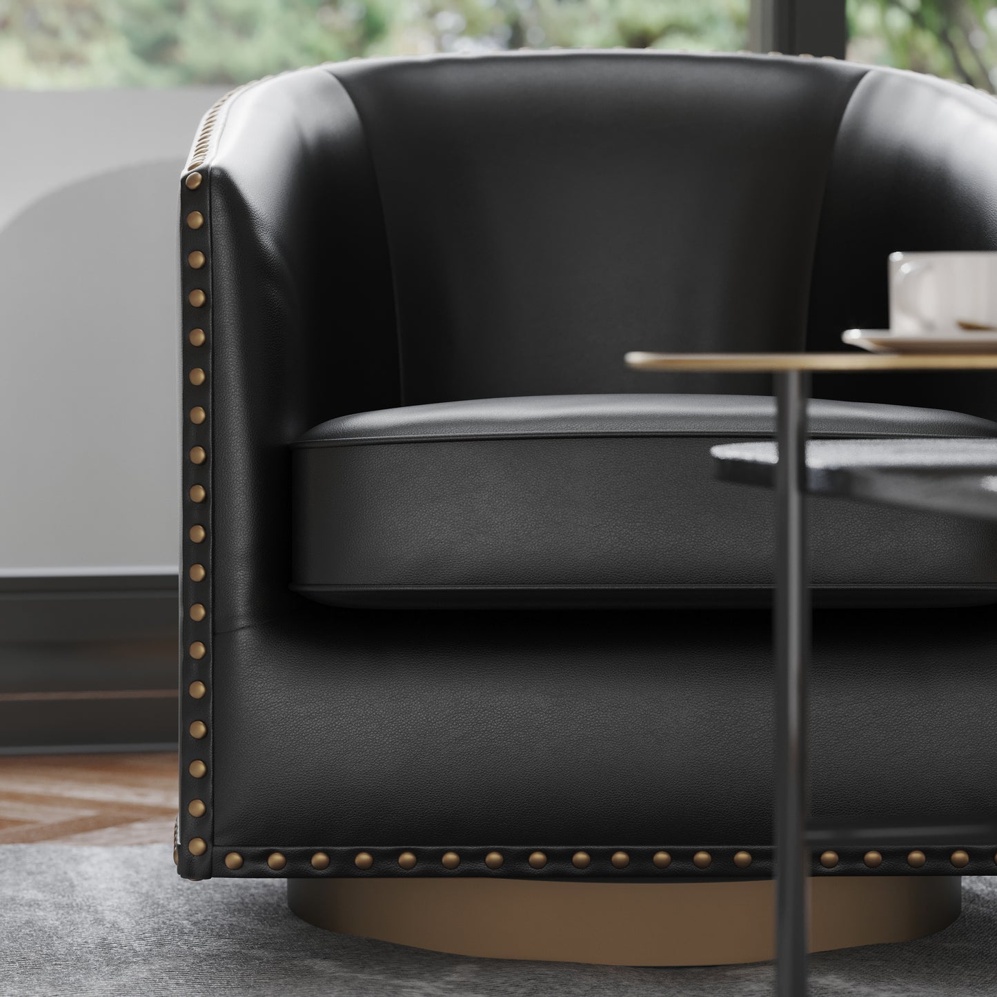 Myles Club Style Commercial Barrel Accent Armchair with 360° Swivel Metal Base and Black Leathersoft Upholstery with Brass Decorative Nail Head Trim Black