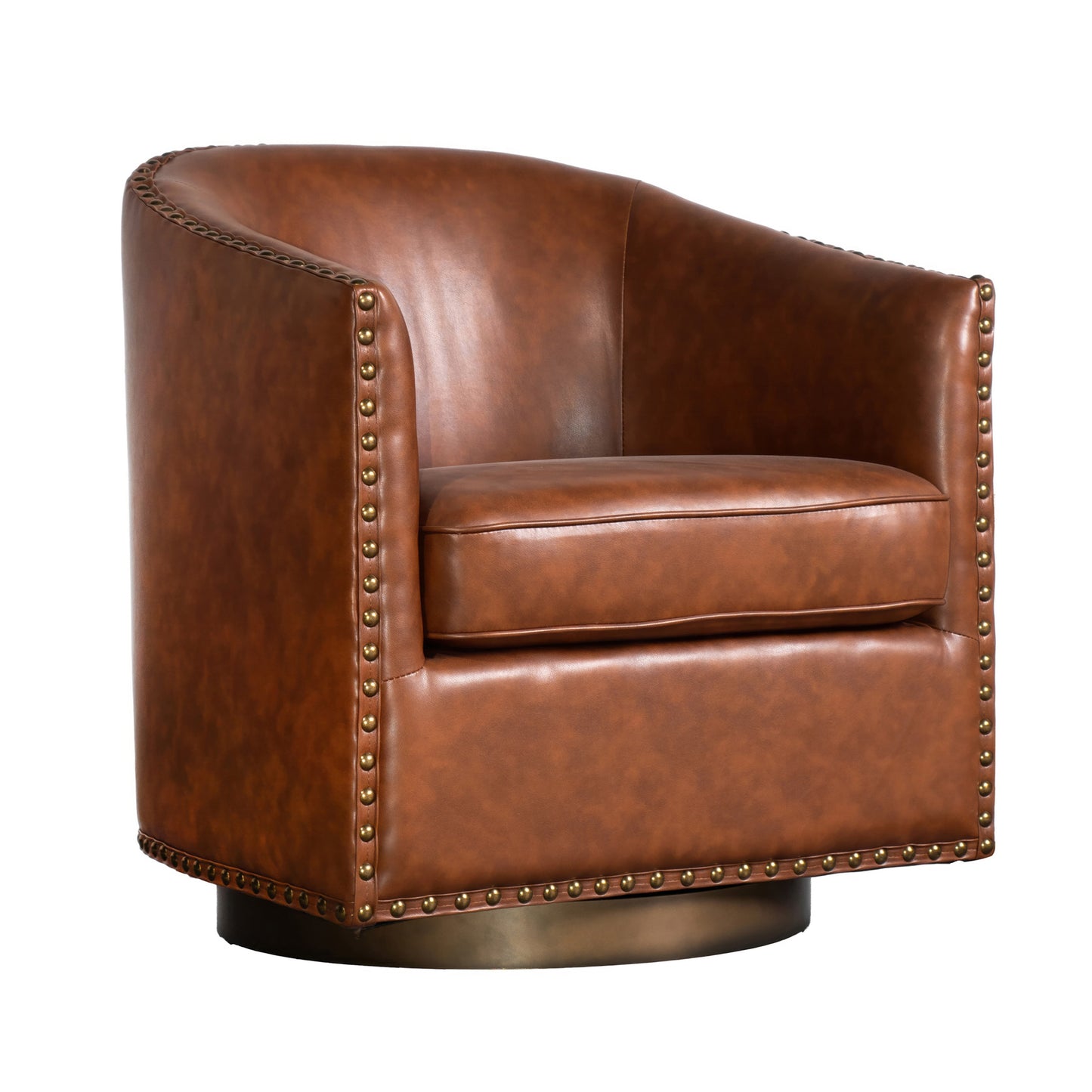 Myles Club Style Commercial Barrel Accent Armchair with 360° Swivel Metal Base and Brown Leathersoft Upholstery with Brass Decorative Nail Head Trim Brown