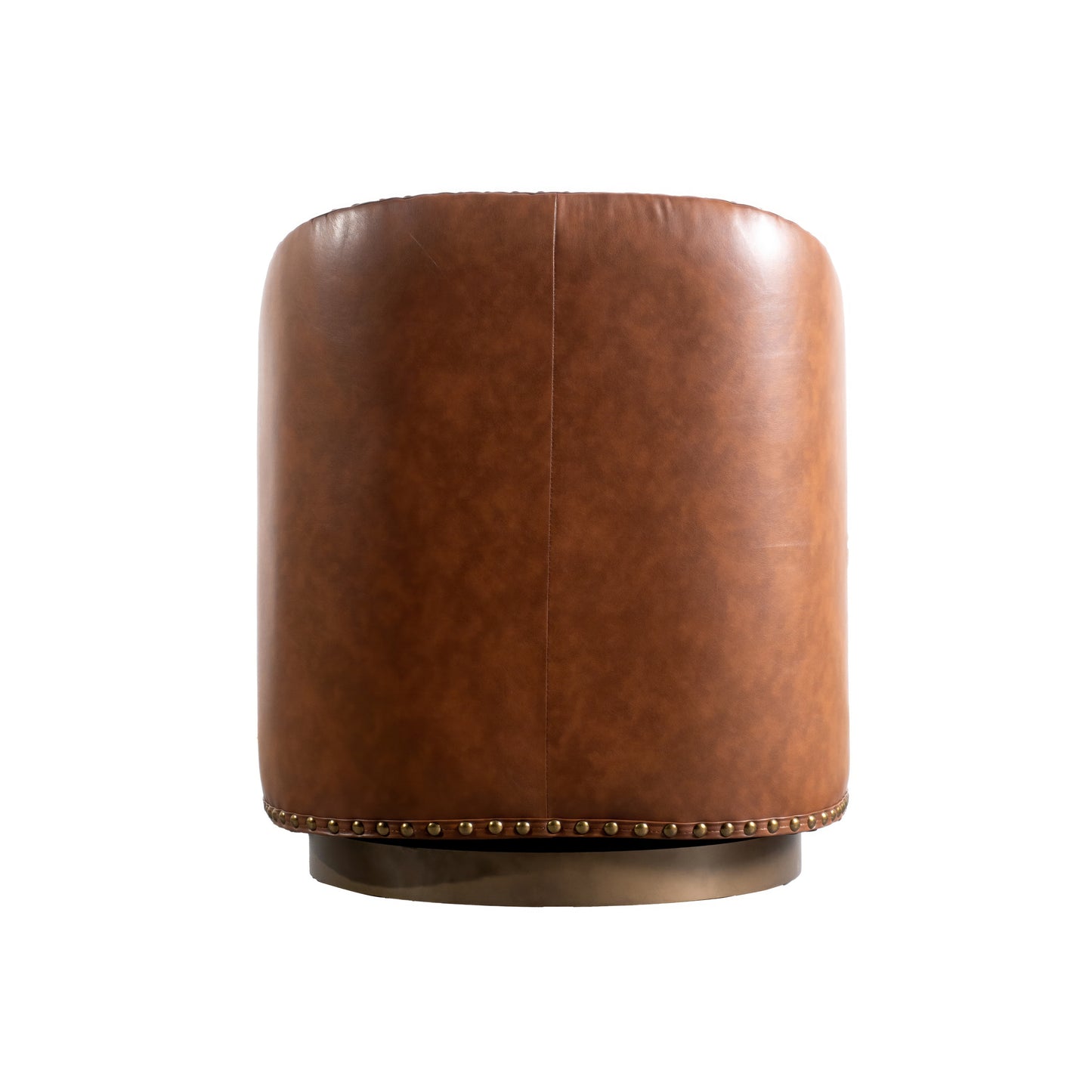 Myles Club Style Commercial Barrel Accent Armchair with 360° Swivel Metal Base and Brown Leathersoft Upholstery with Brass Decorative Nail Head Trim Brown