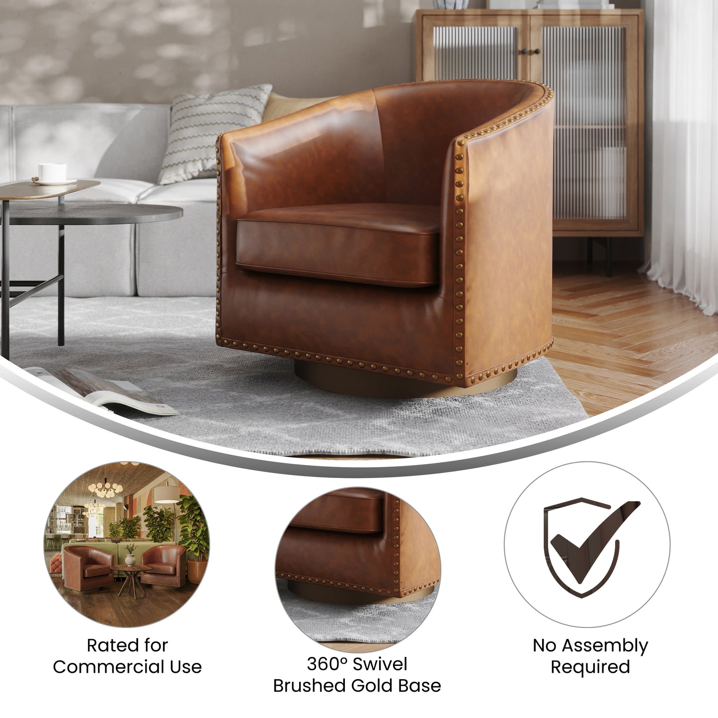 Myles Club Style Commercial Barrel Accent Armchair with 360° Swivel Metal Base and Brown Leathersoft Upholstery with Brass Decorative Nail Head Trim Brown