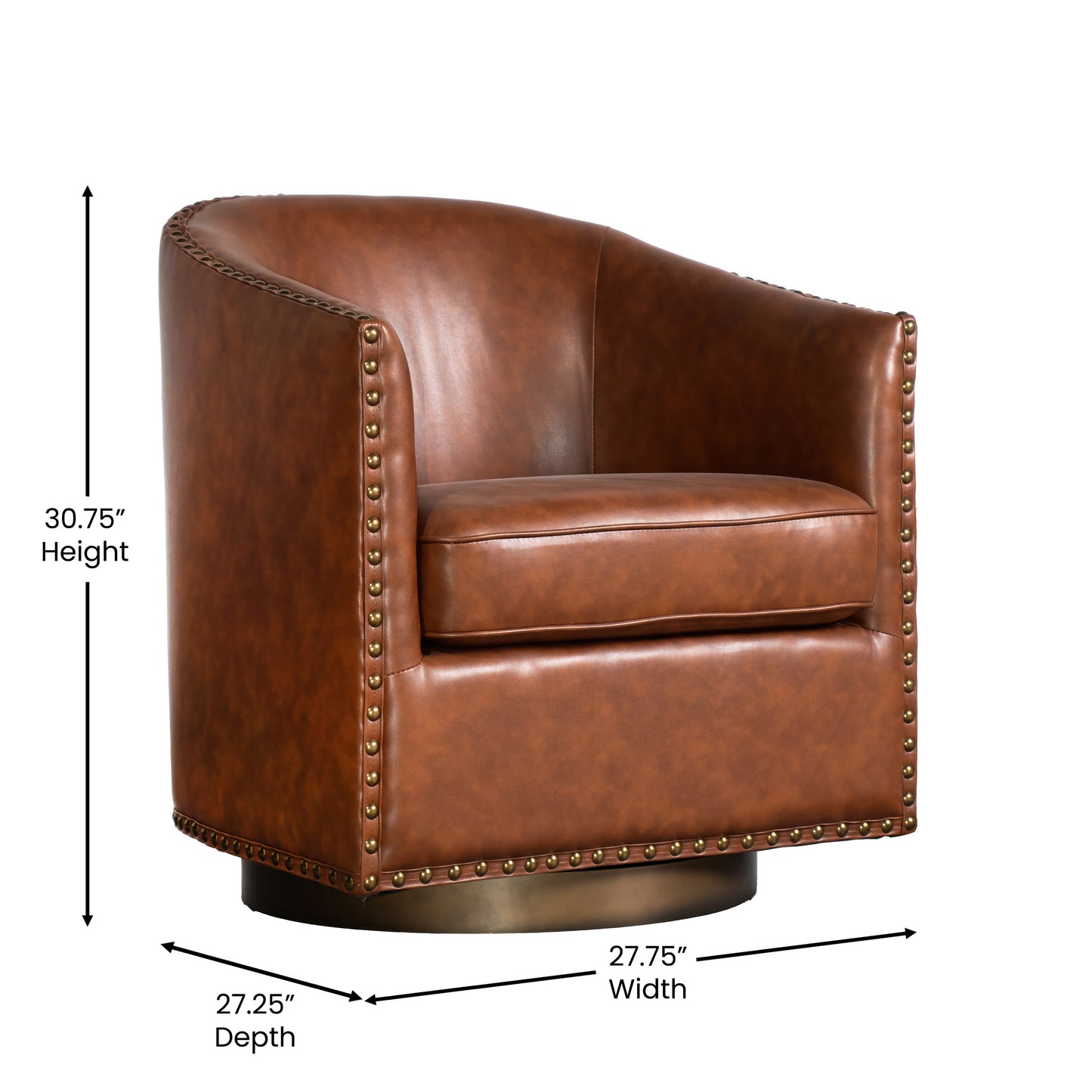 Myles Club Style Commercial Barrel Accent Armchair with 360° Swivel Metal Base and Brown Leathersoft Upholstery with Brass Decorative Nail Head Trim Brown