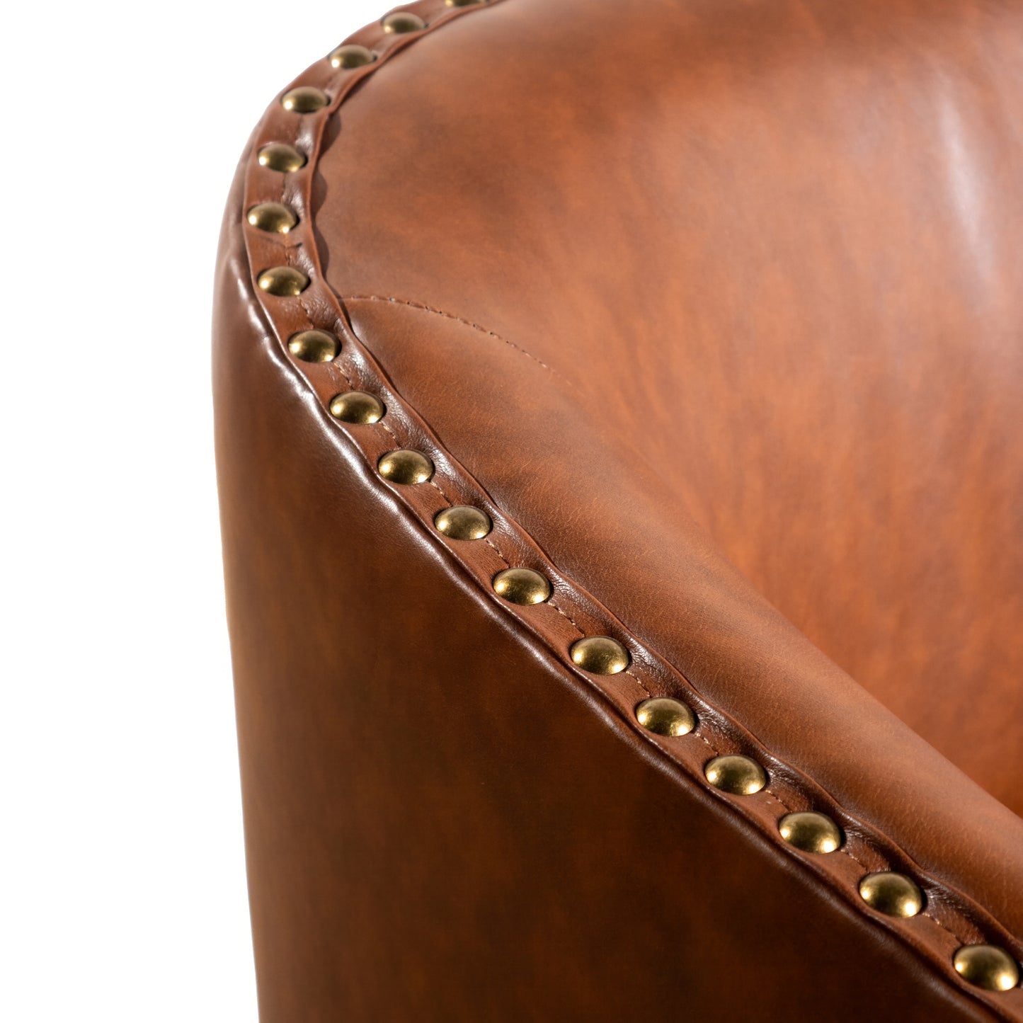 Myles Club Style Commercial Barrel Accent Armchair with 360° Swivel Metal Base and Brown Leathersoft Upholstery with Brass Decorative Nail Head Trim Brown