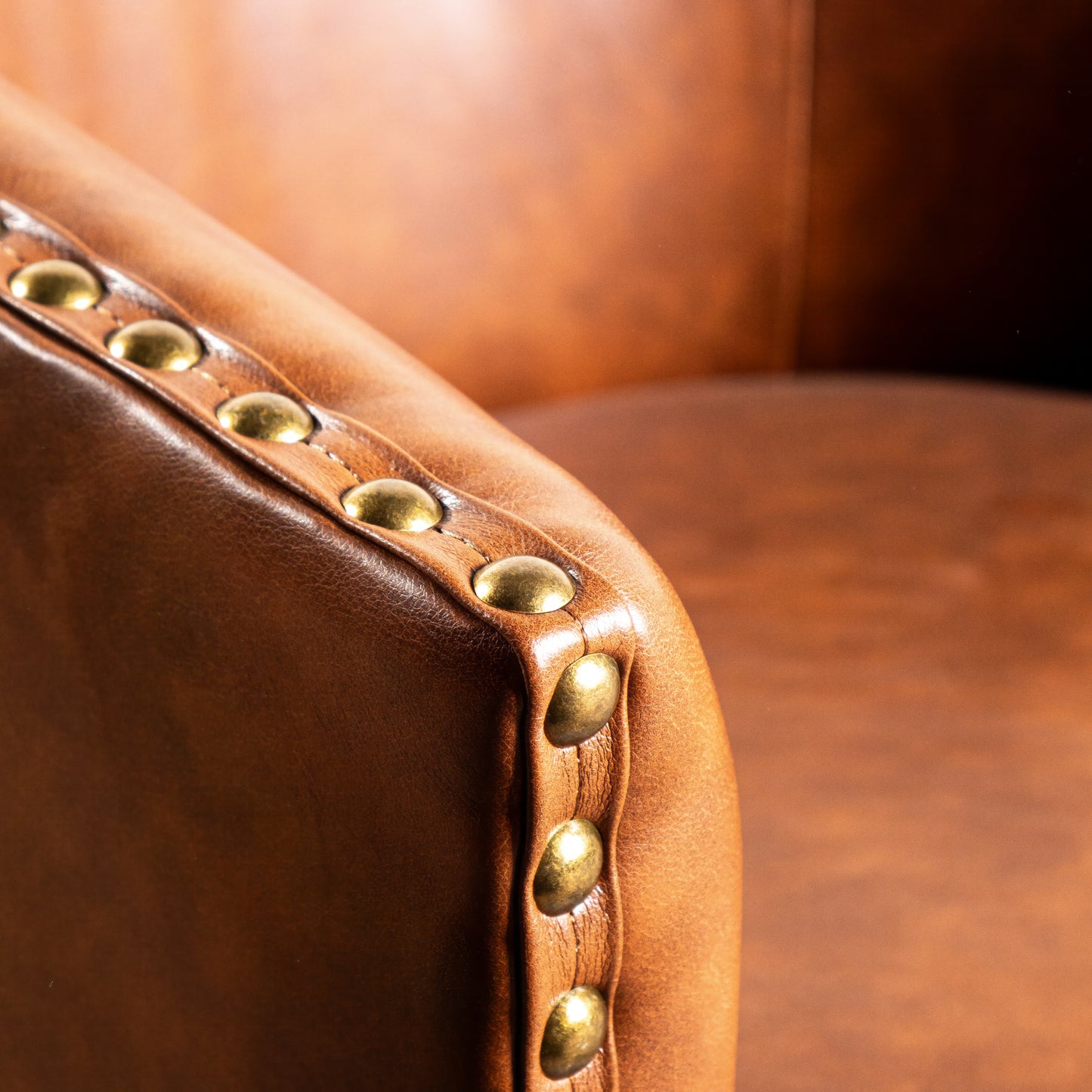 Myles Club Style Commercial Barrel Accent Armchair with 360° Swivel Metal Base and Brown Leathersoft Upholstery with Brass Decorative Nail Head Trim Brown