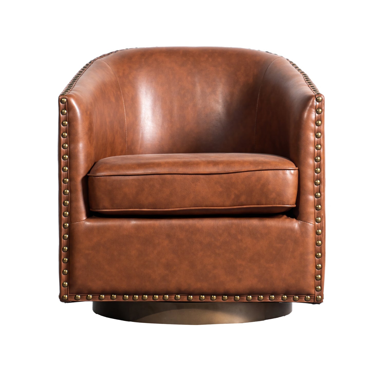 Myles Club Style Commercial Barrel Accent Armchair with 360° Swivel Metal Base and Brown Leathersoft Upholstery with Brass Decorative Nail Head Trim Brown
