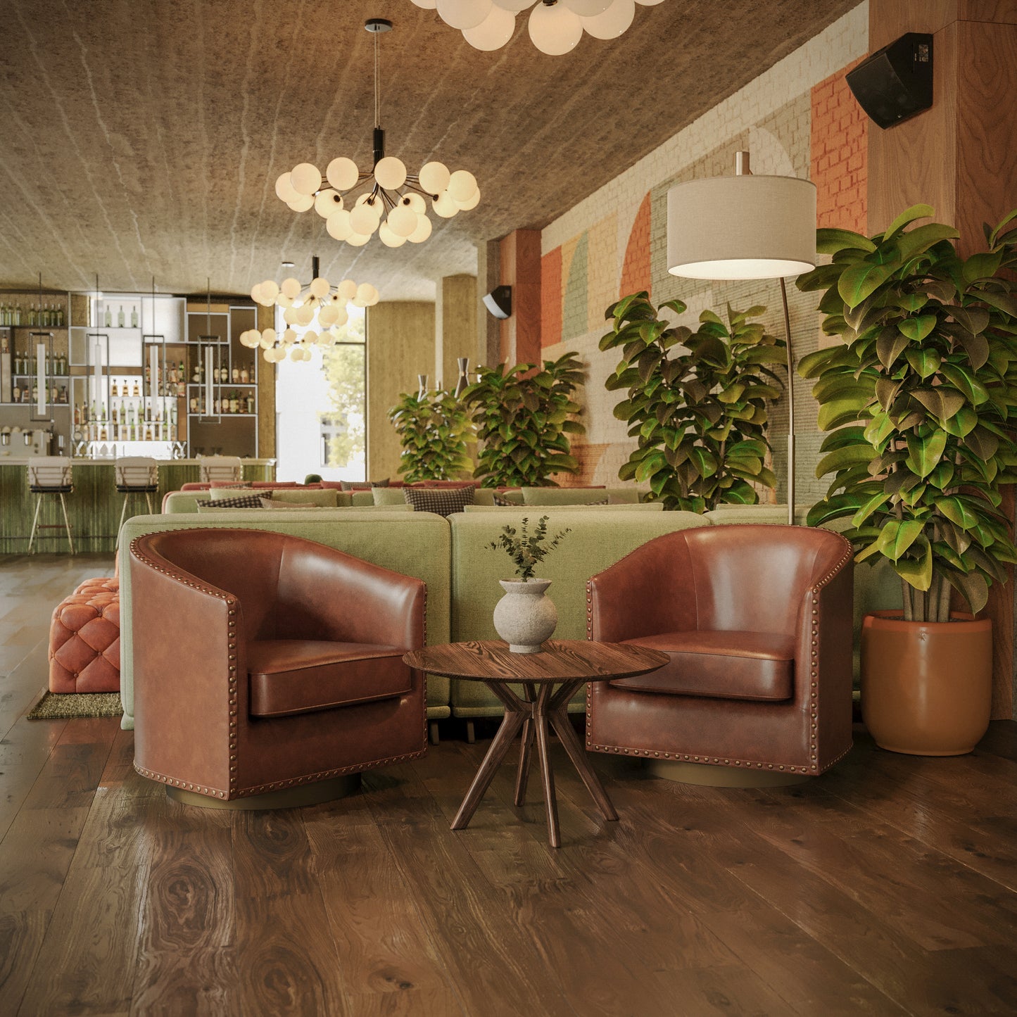 Myles Club Style Commercial Barrel Accent Armchair with 360° Swivel Metal Base and Brown Leathersoft Upholstery with Brass Decorative Nail Head Trim Brown