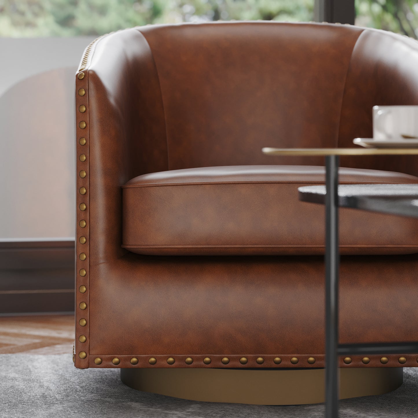 Myles Club Style Commercial Barrel Accent Armchair with 360° Swivel Metal Base and Brown Leathersoft Upholstery with Brass Decorative Nail Head Trim Brown