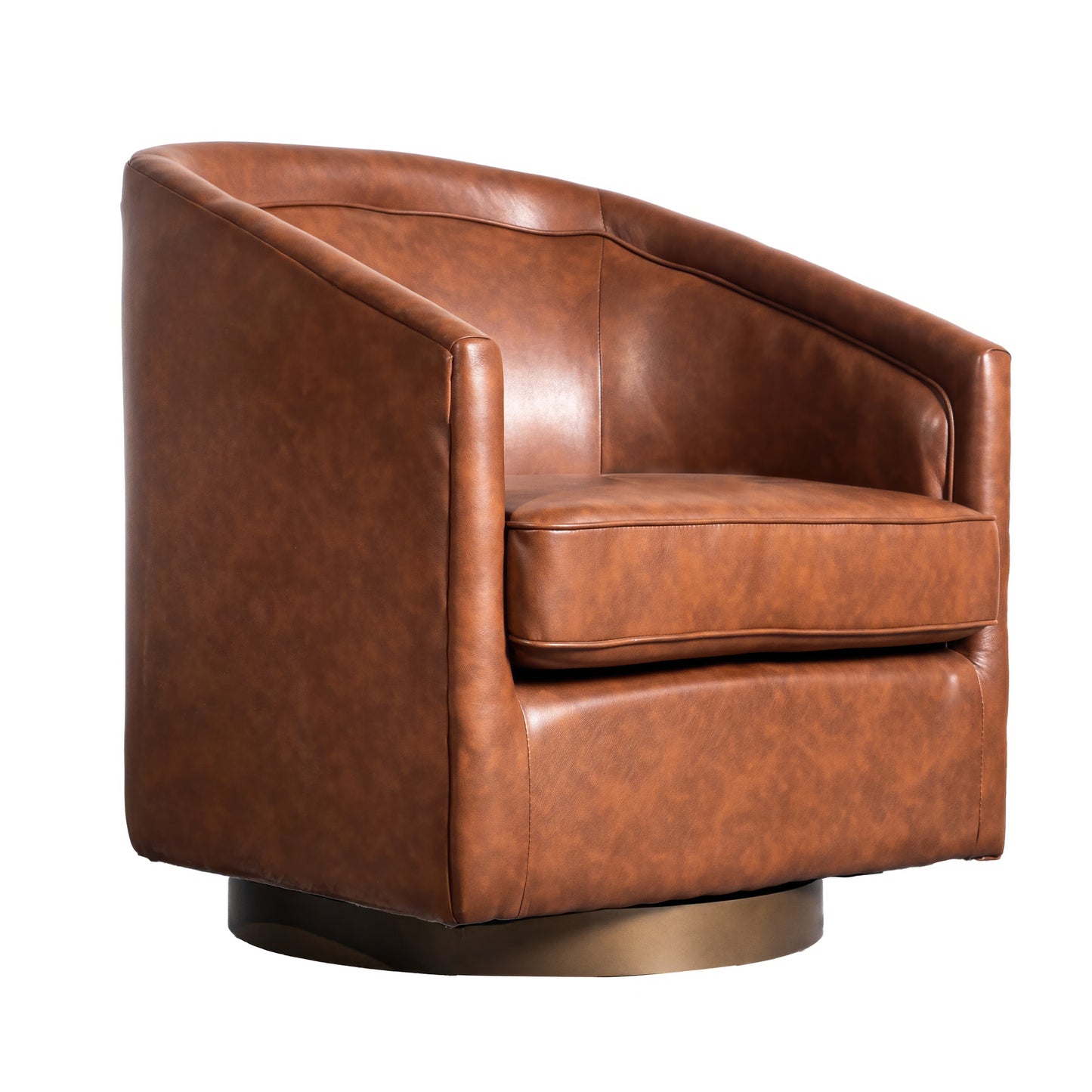 Dean Club Style Commercial Barrel Accent Armchair with 360 Degree Swivel Metal Base and Sloped Armrests in Brown LeatherSoft Upholstery Brown LeatherSoft