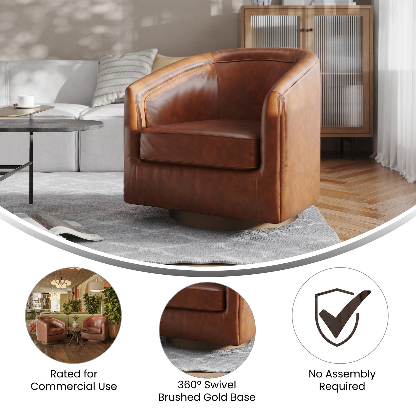 Dean Club Style Commercial Barrel Accent Armchair with 360 Degree Swivel Metal Base and Sloped Armrests in Brown LeatherSoft Upholstery Brown LeatherSoft