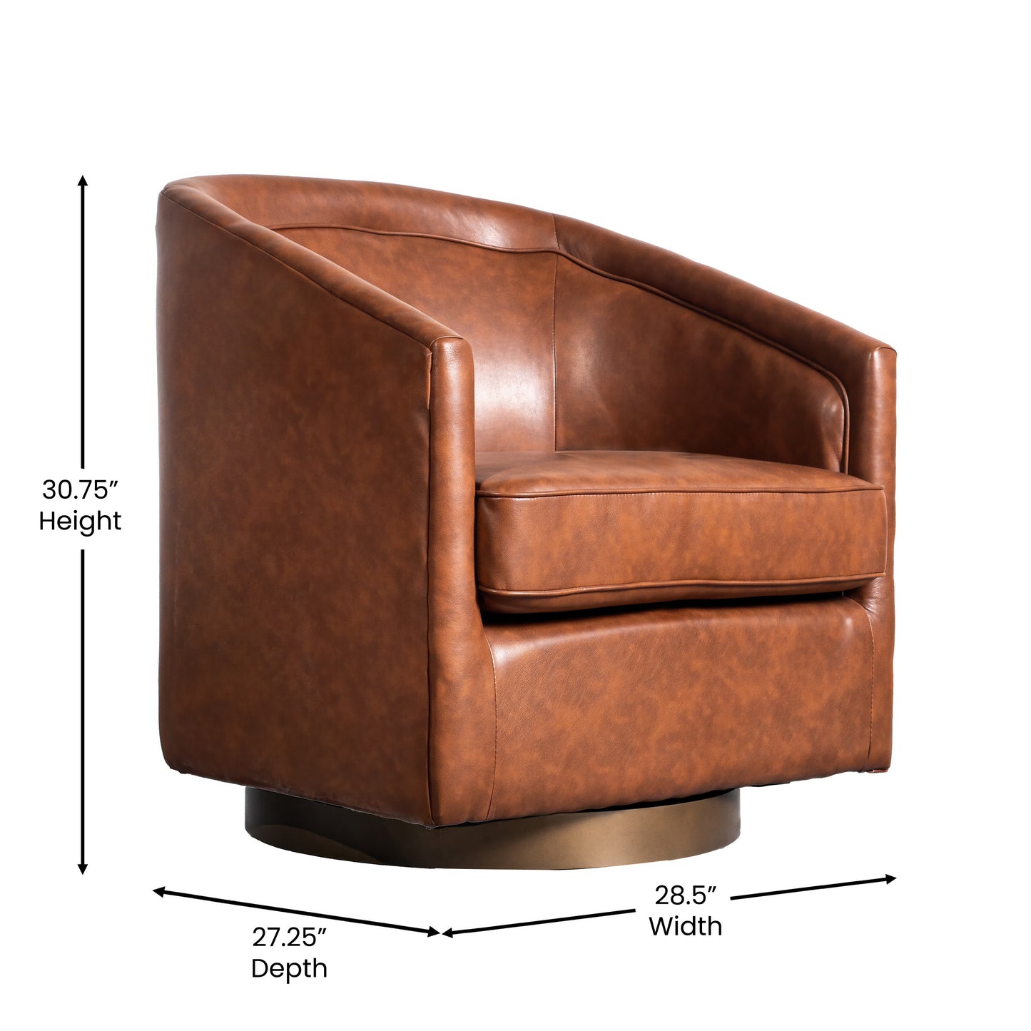 Dean Club Style Commercial Barrel Accent Armchair with 360 Degree Swivel Metal Base and Sloped Armrests in Brown LeatherSoft Upholstery Brown LeatherSoft